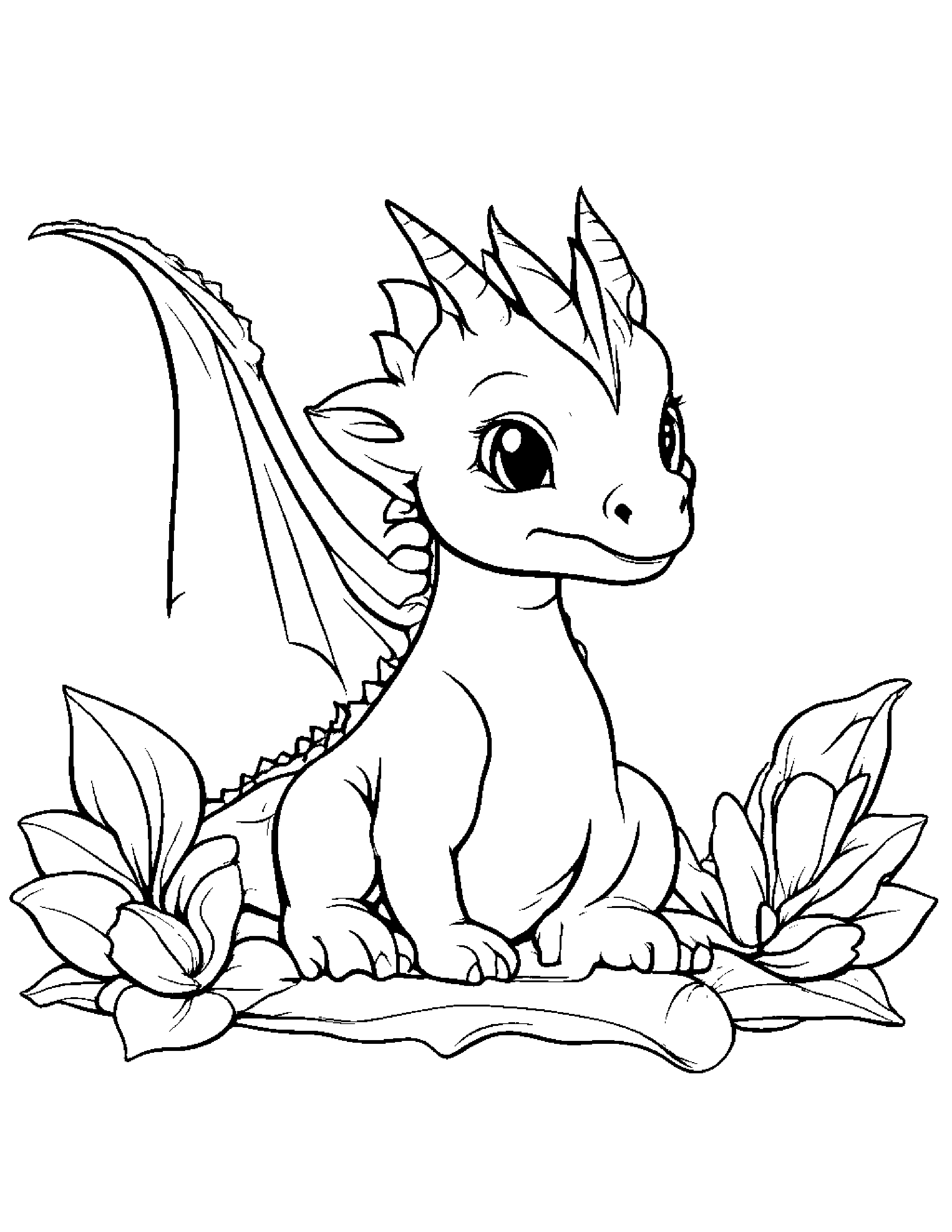 Sleepy Baby Dragon With A Flower Coloring Page (Free Printable PDF)