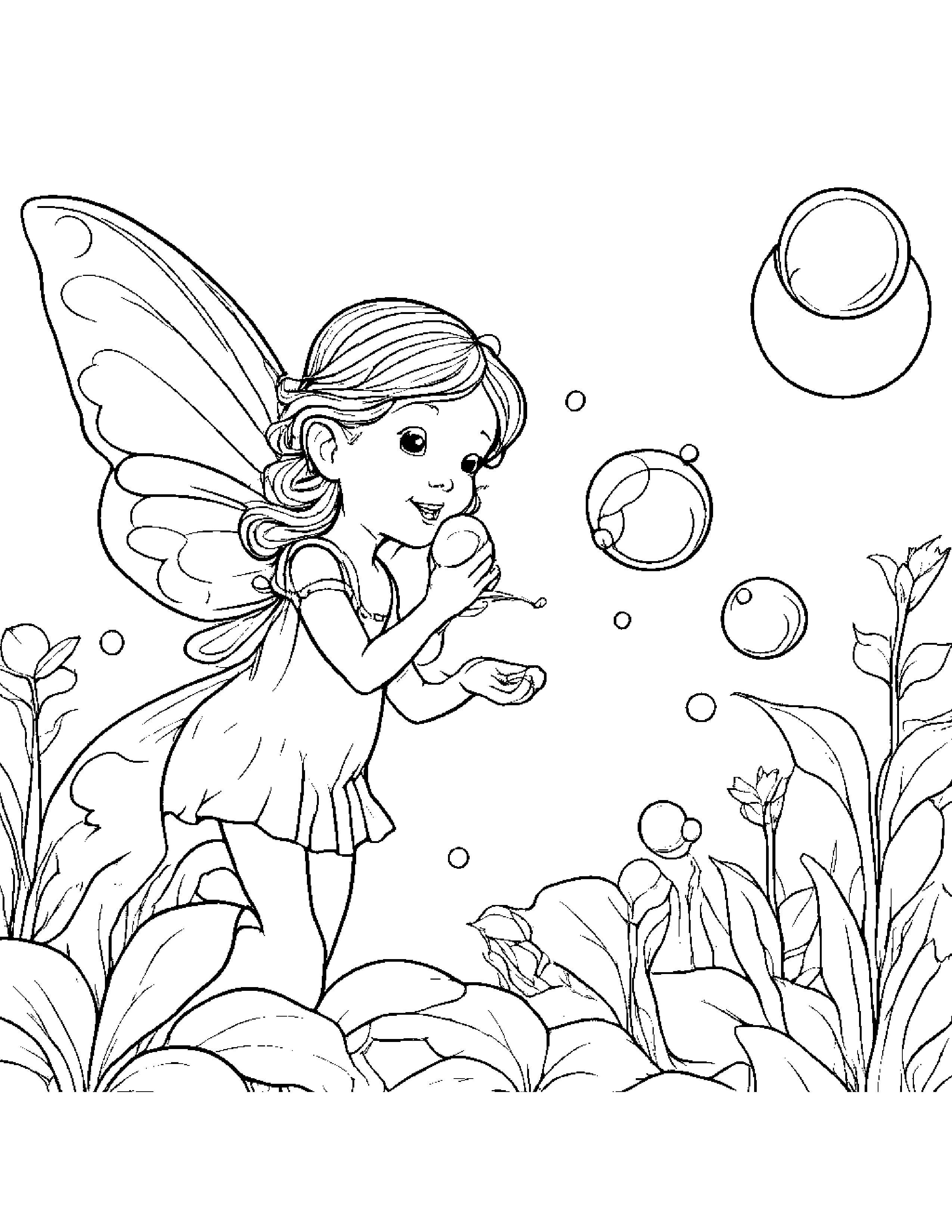 Tiny Fairy Blowing Bubbles Coloring Page (Free Printable PDF)