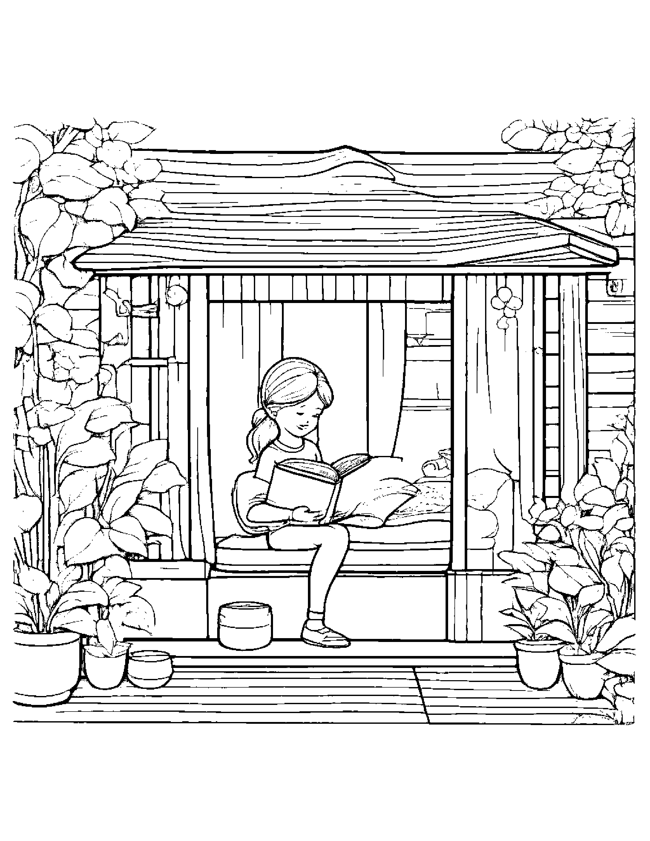 Cozy Cottage Reading A Book #2 Coloring Page (Free Printable PDF)
