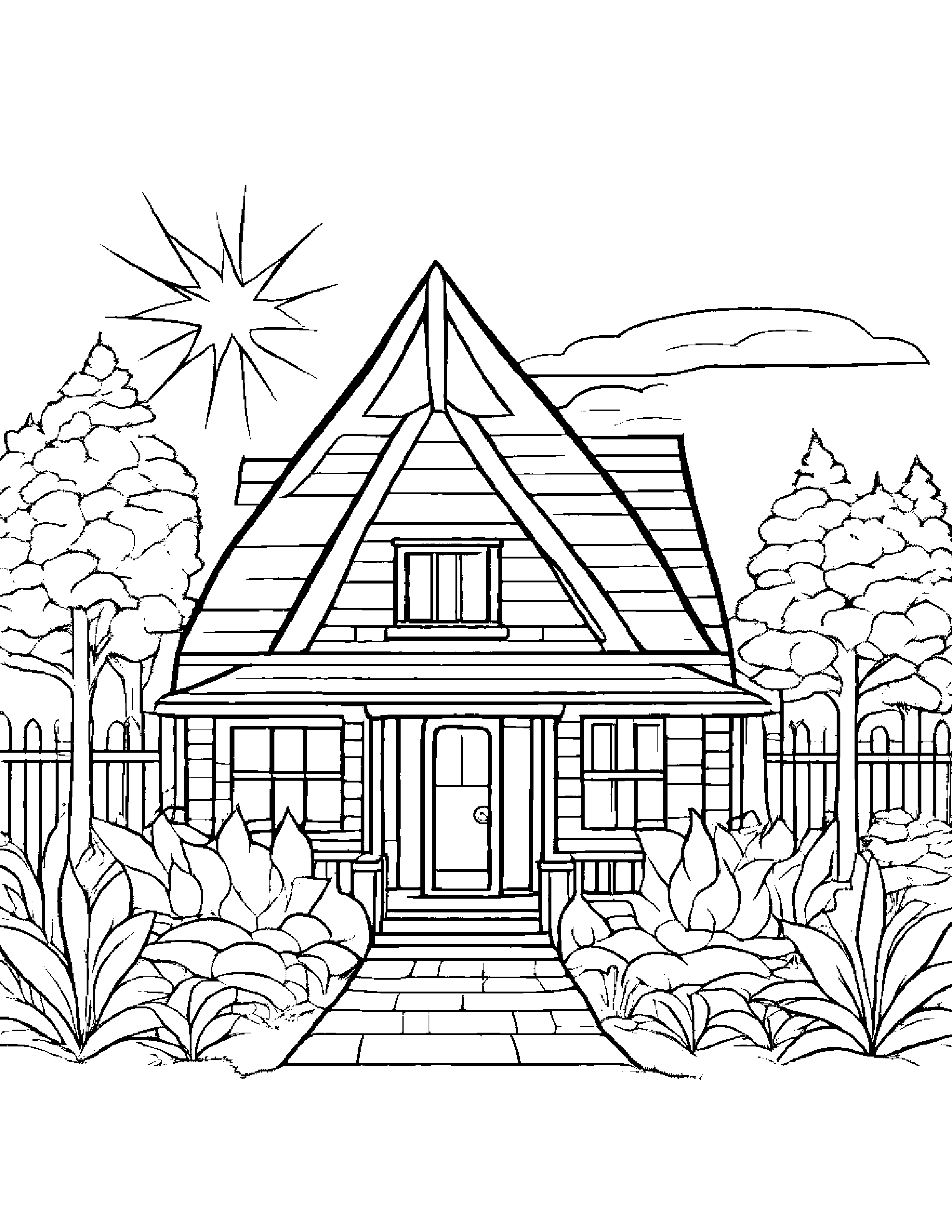 Cozy Cottage With A Star #2 Coloring Page (Free Printable PDF)