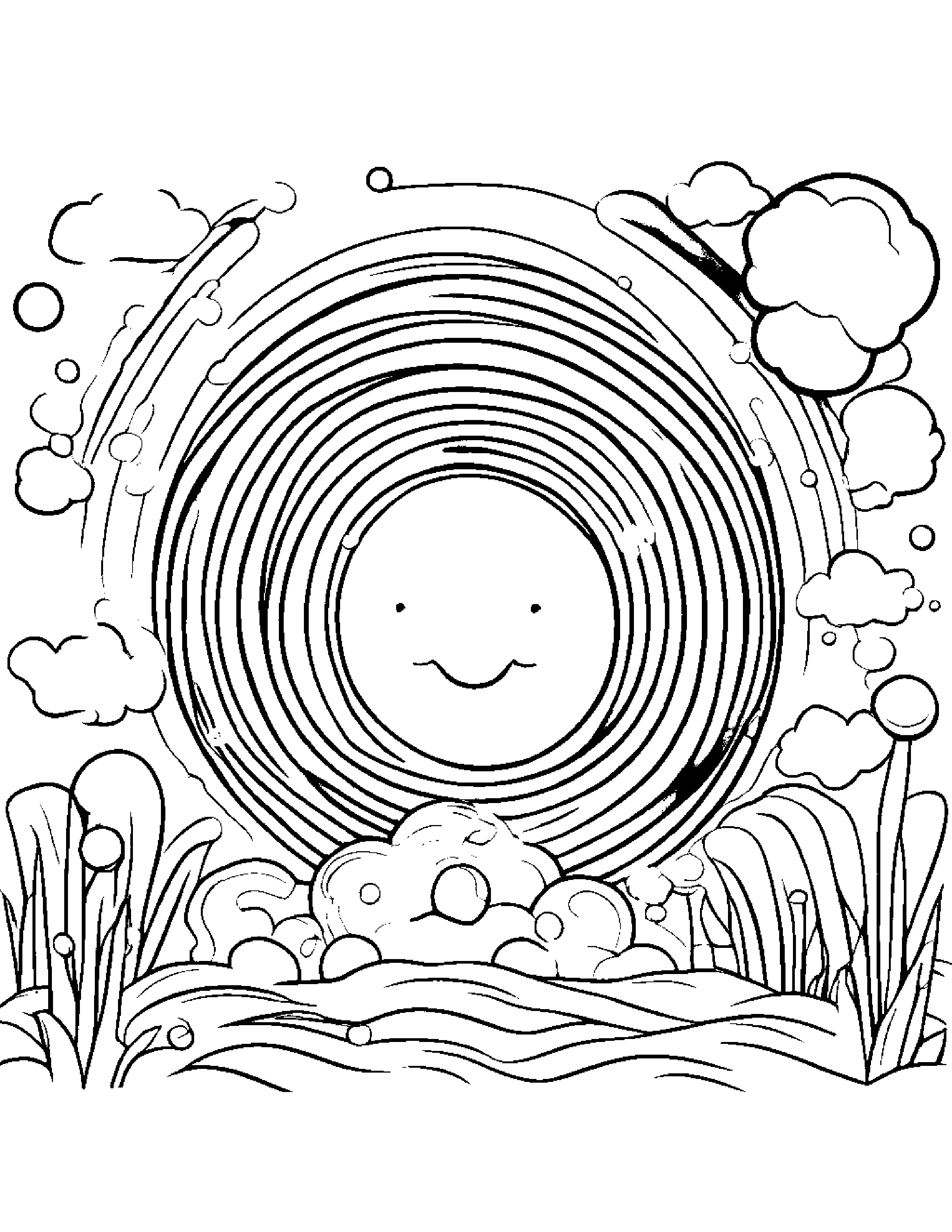 Happy Rainbow Blowing Bubbles Coloring Page (Free Printable PDF)