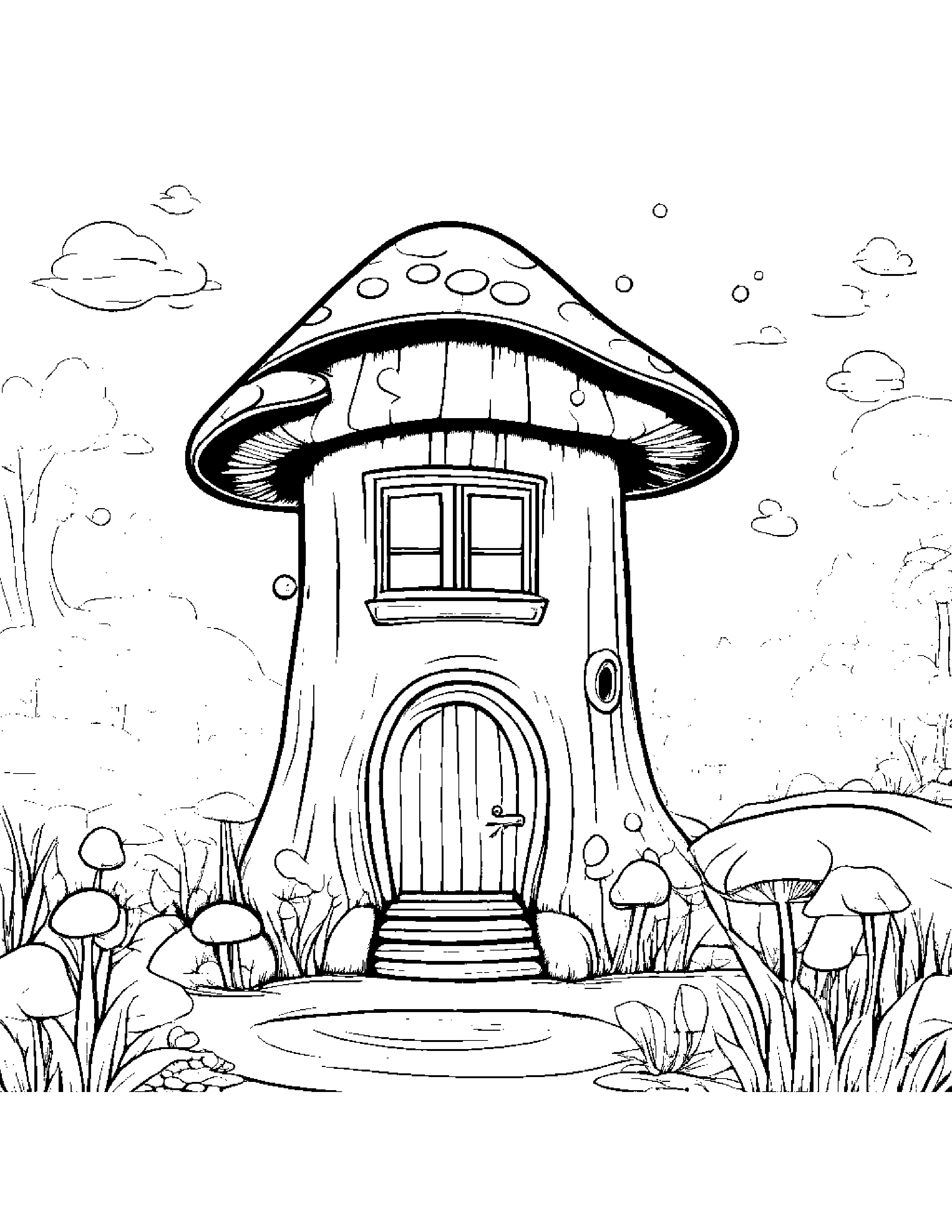 Little Mushroom House Blowing Bubbles Coloring Page (Free Printable PDF)