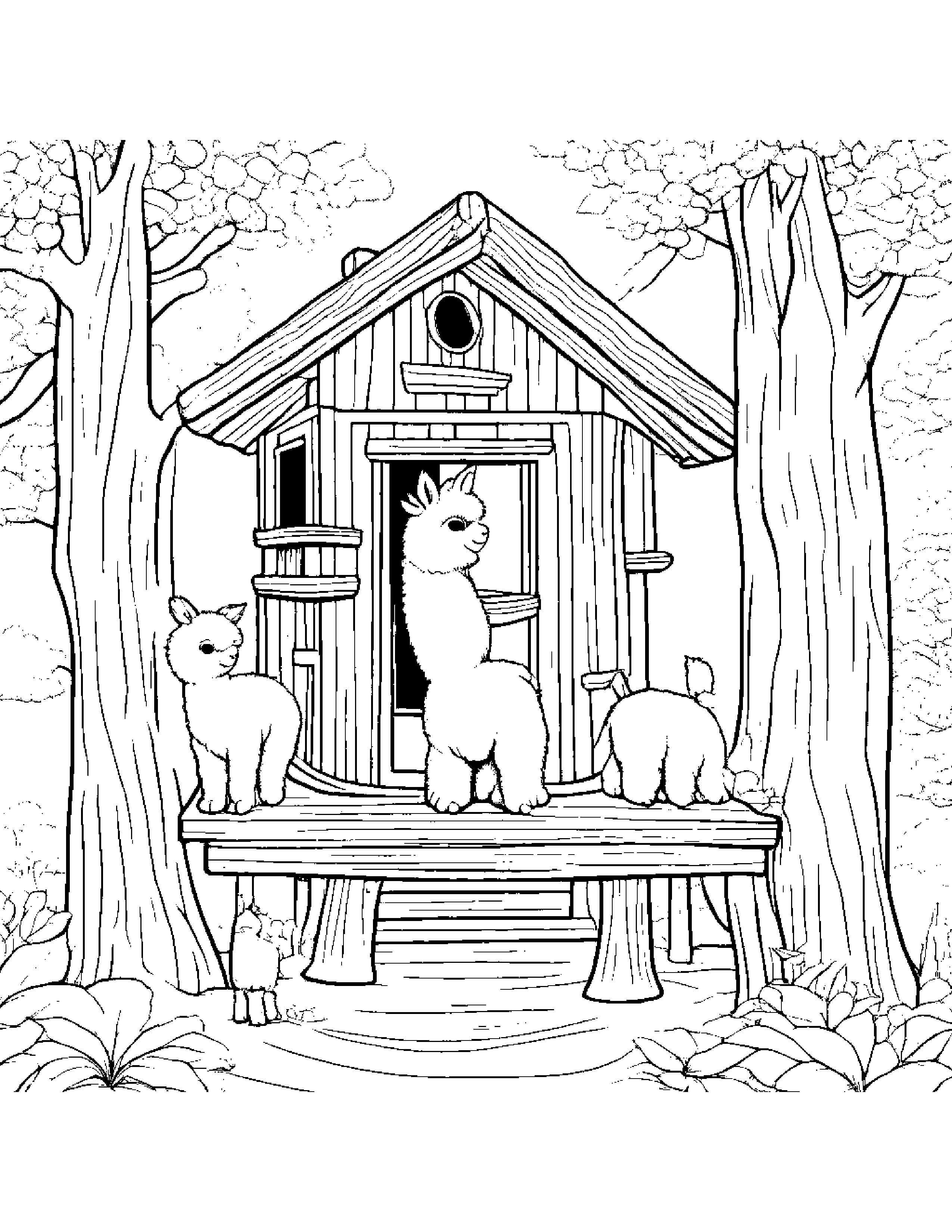 Alpaca Tidying Toys In A Treehouse #2 Coloring Page (Free Printable PDF)