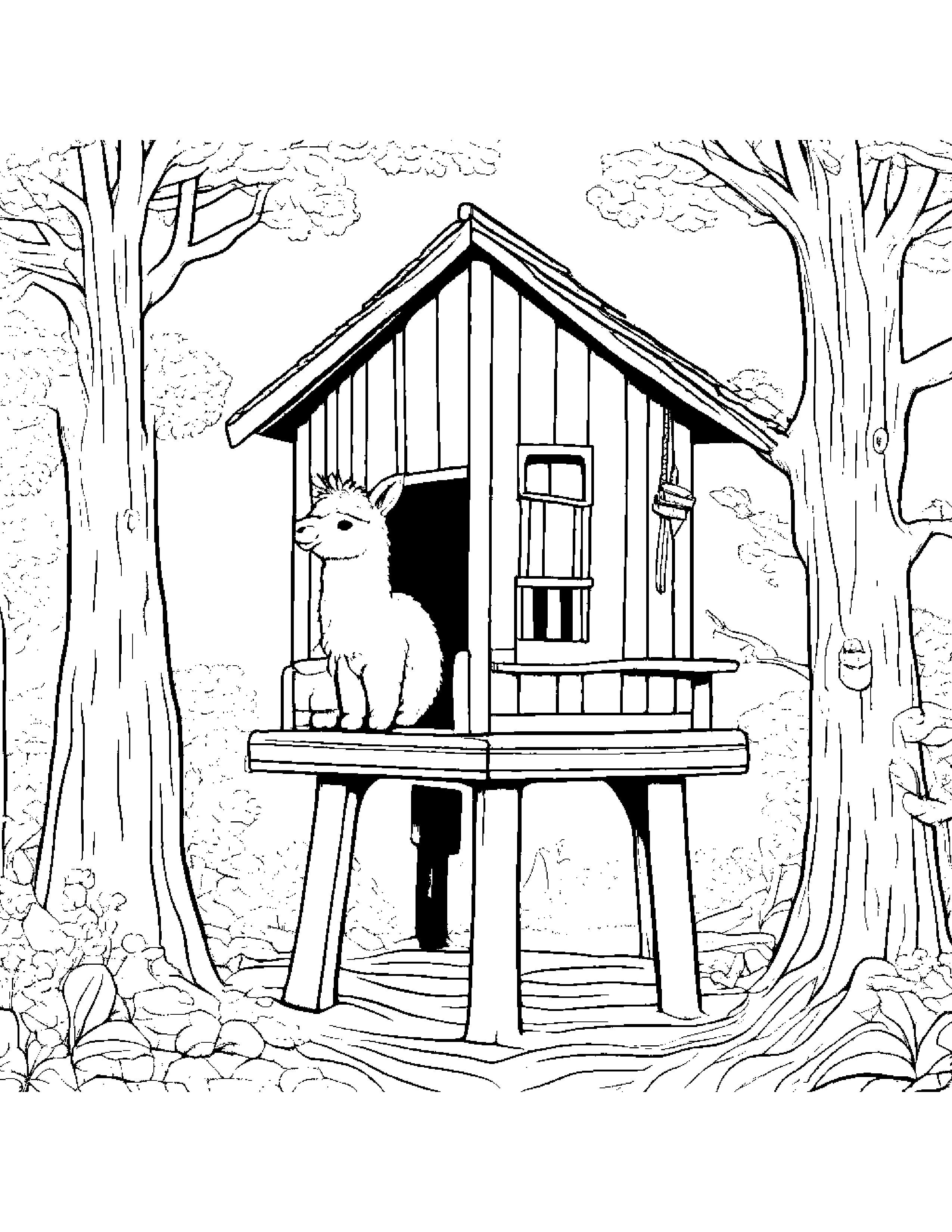 Alpaca Tidying Toys In A Treehouse #3 Coloring Page (Free Printable PDF)