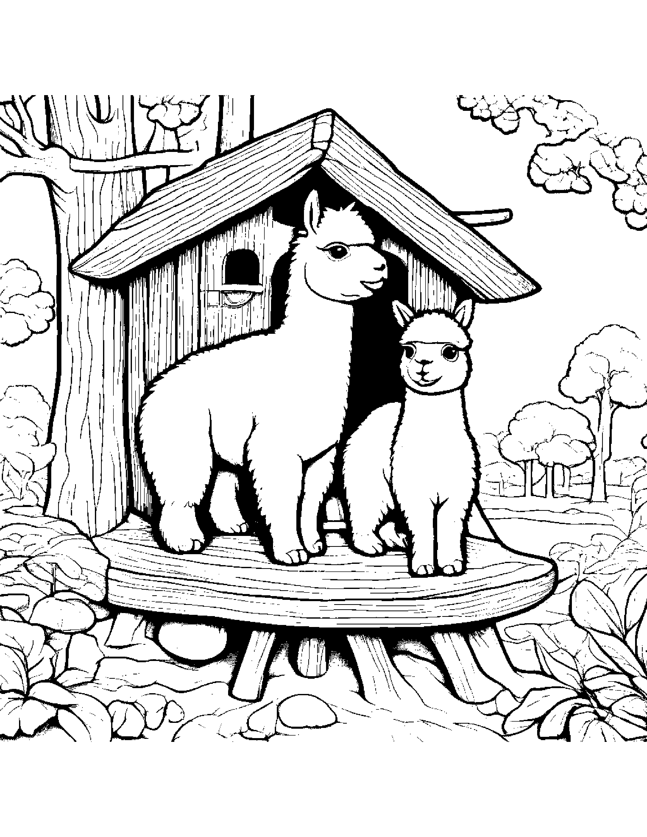 Alpaca Tidying Toys In A Treehouse #4 Coloring Page (Free Printable PDF)