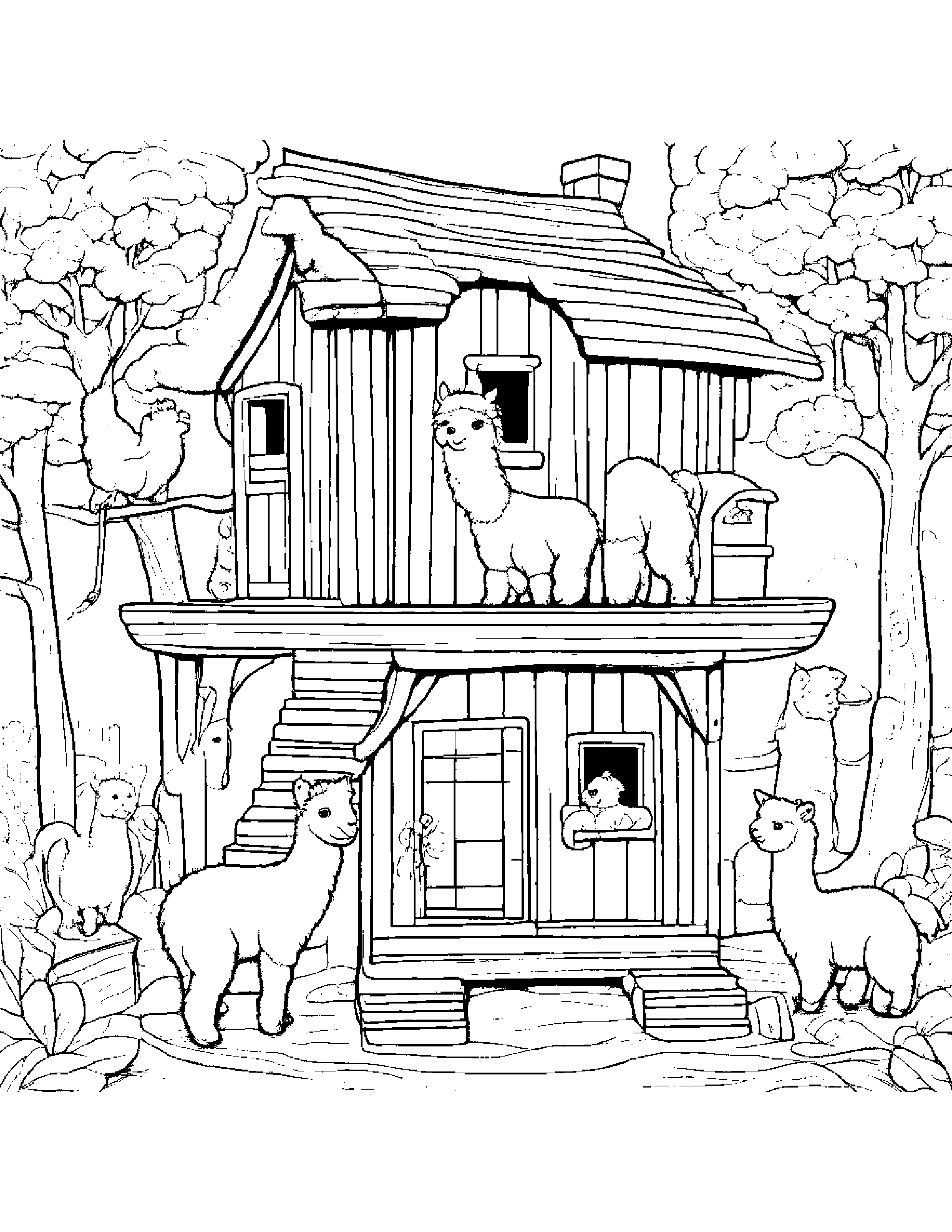 Alpaca Tidying Toys In A Treehouse #5 Coloring Page (Free Printable PDF)