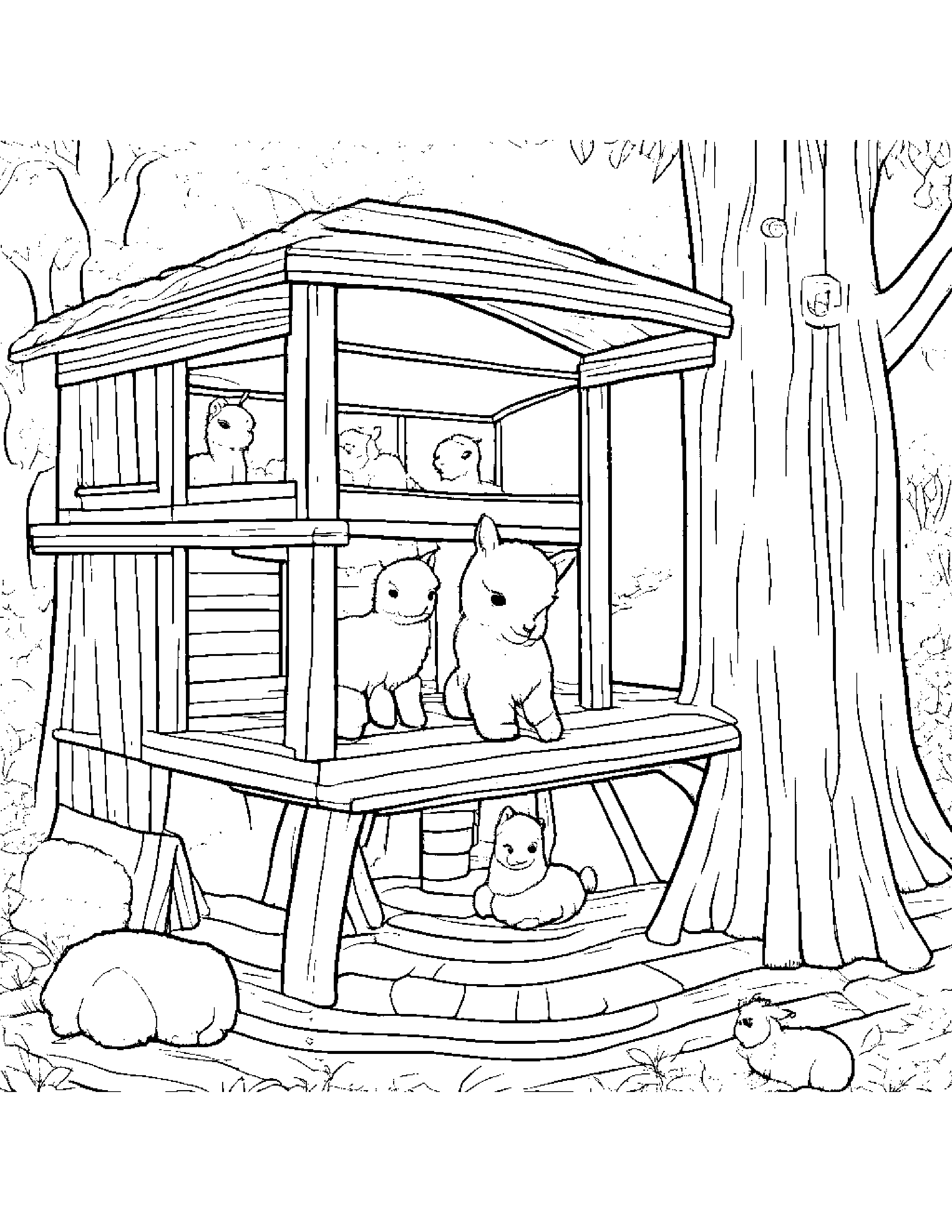 Alpaca Tidying Toys In A Treehouse Coloring Page (Free Printable PDF)