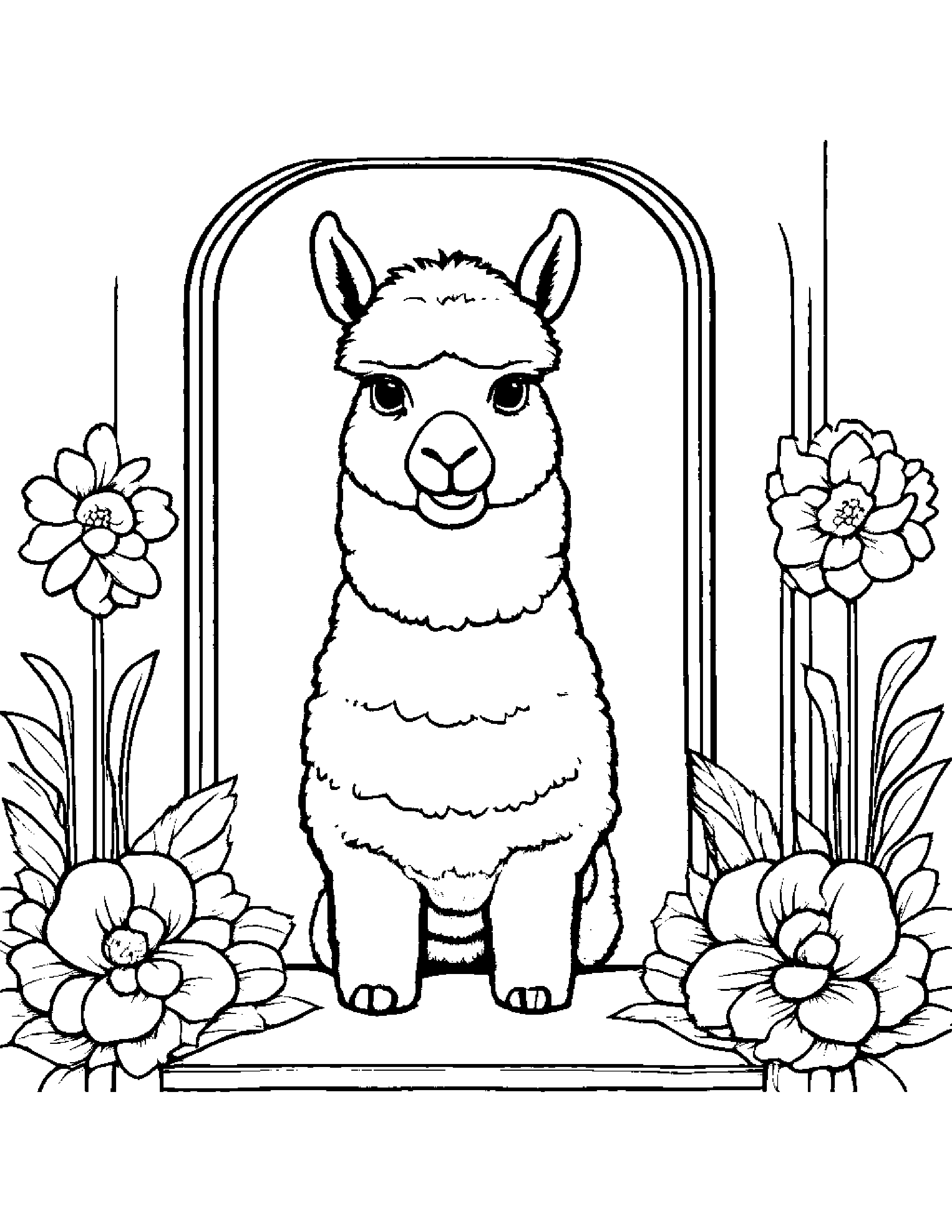Alpaca With A Small Flower By A Reading Nook #2 Coloring Page (Free Printable PDF)