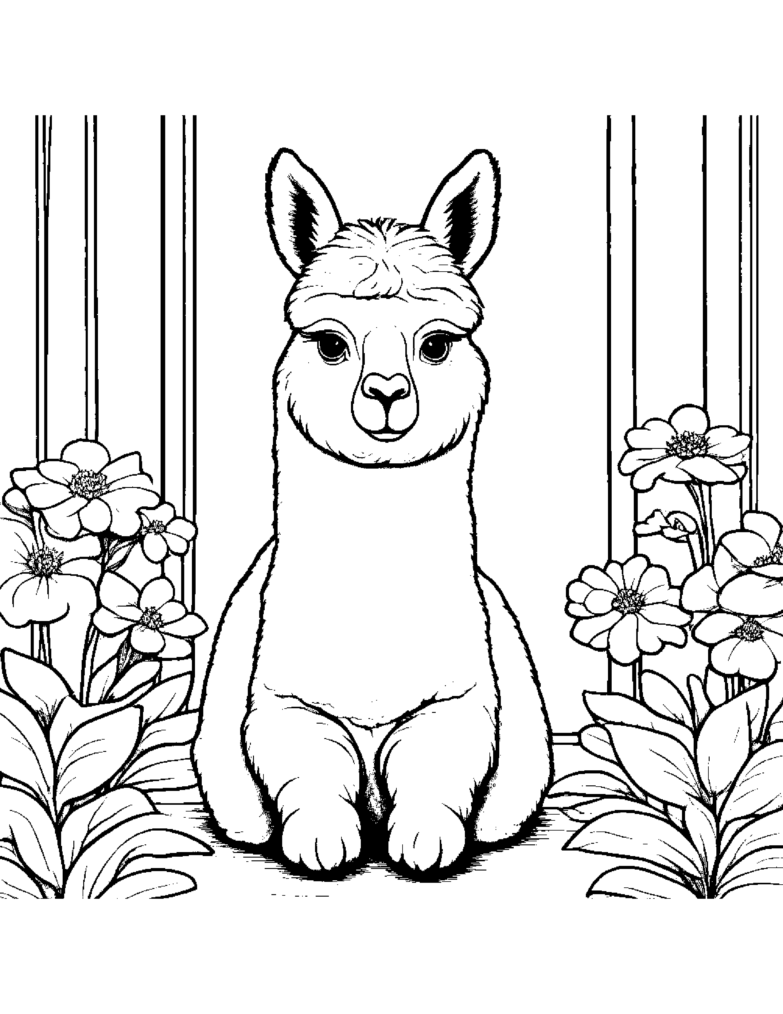 Alpaca With A Small Flower By A Reading Nook #3 Coloring Page (Free Printable PDF)