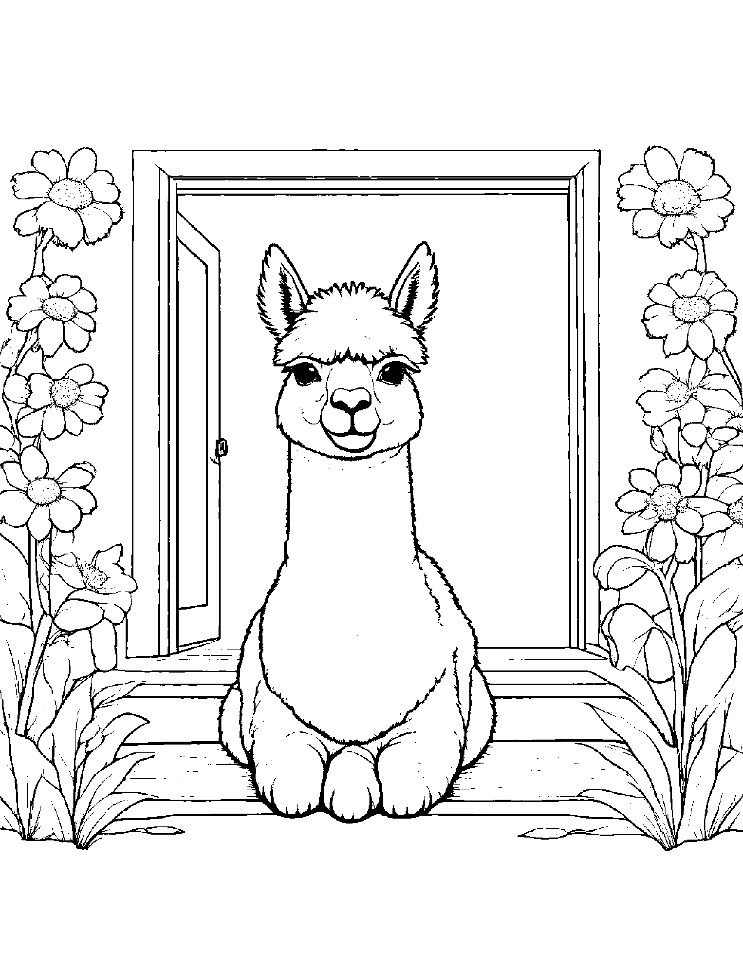 Alpaca With A Small Flower By A Reading Nook Coloring Page (Free Printable PDF)