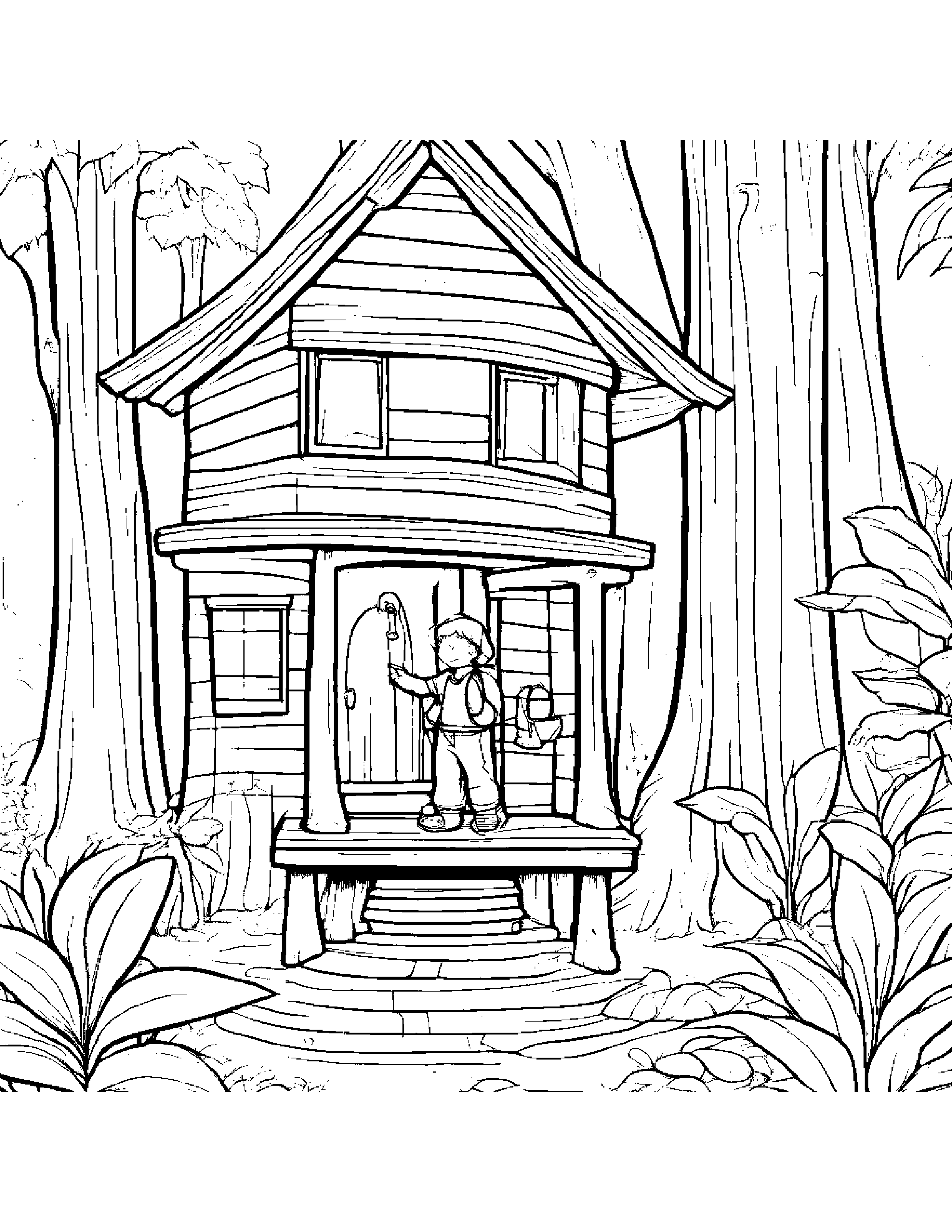 Backpack Watering A Plant In A Treehouse #2 Coloring Page (Free Printable PDF)