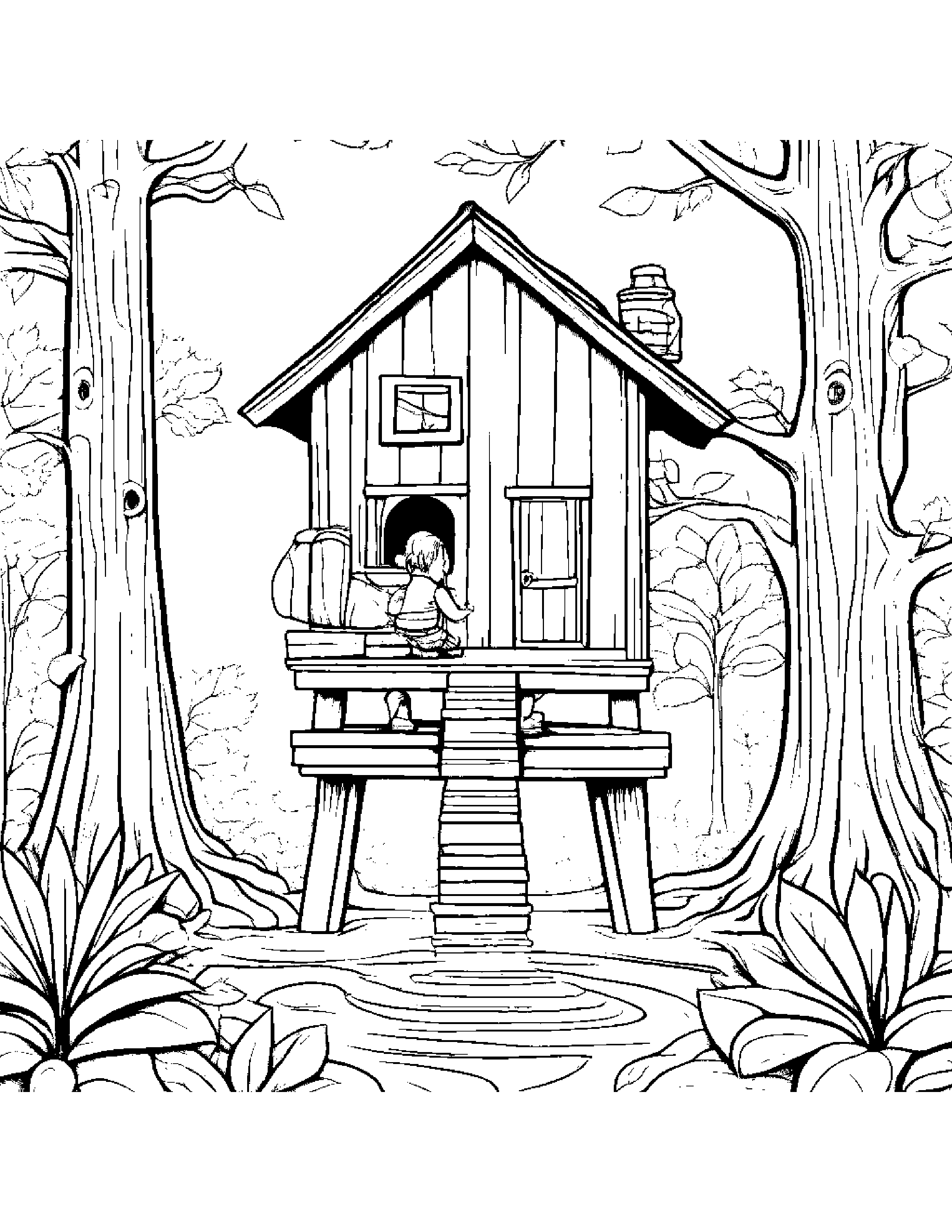 Backpack Watering A Plant In A Treehouse Coloring Page (Free Printable PDF)