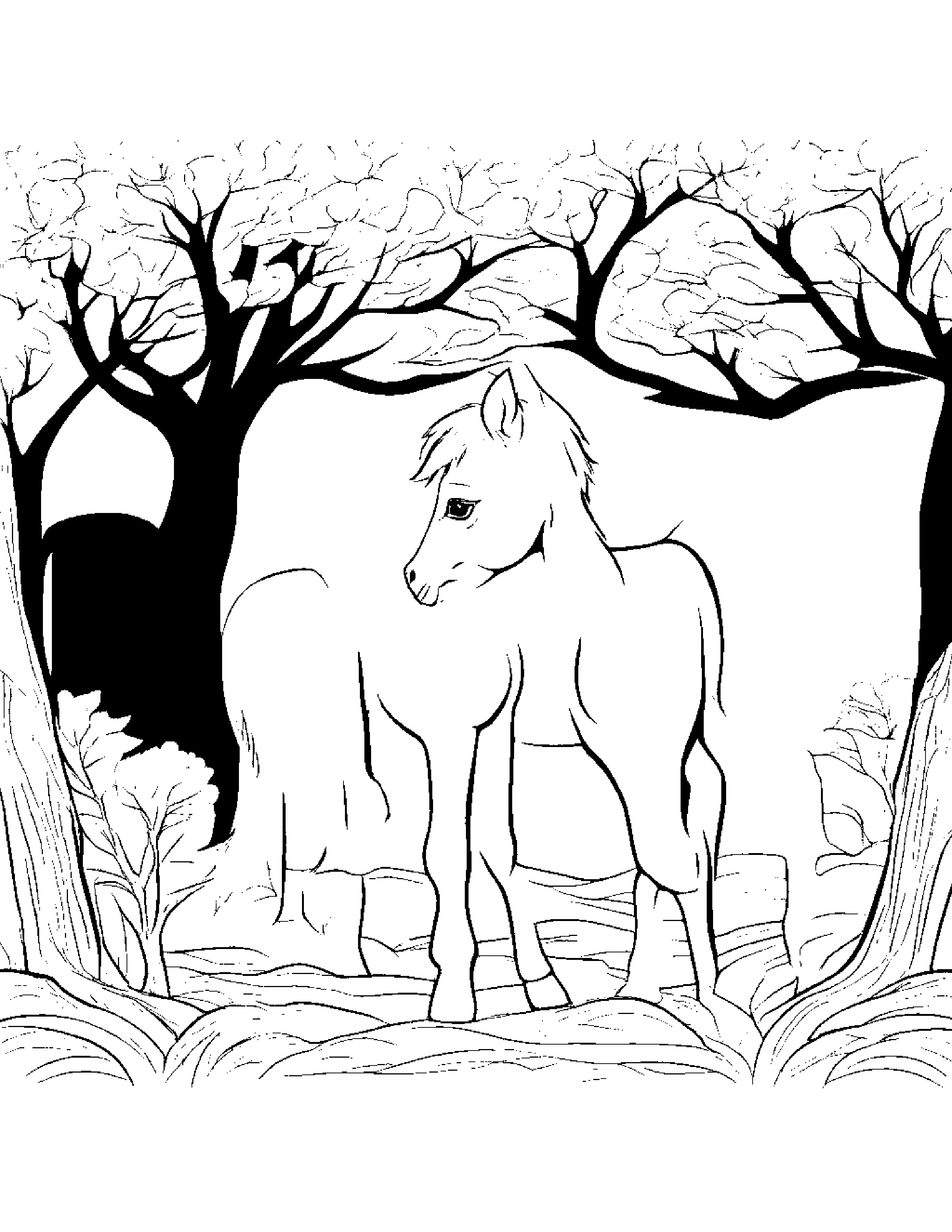Brave Foal By A Little Tree #5 Coloring Page (Free Printable PDF)