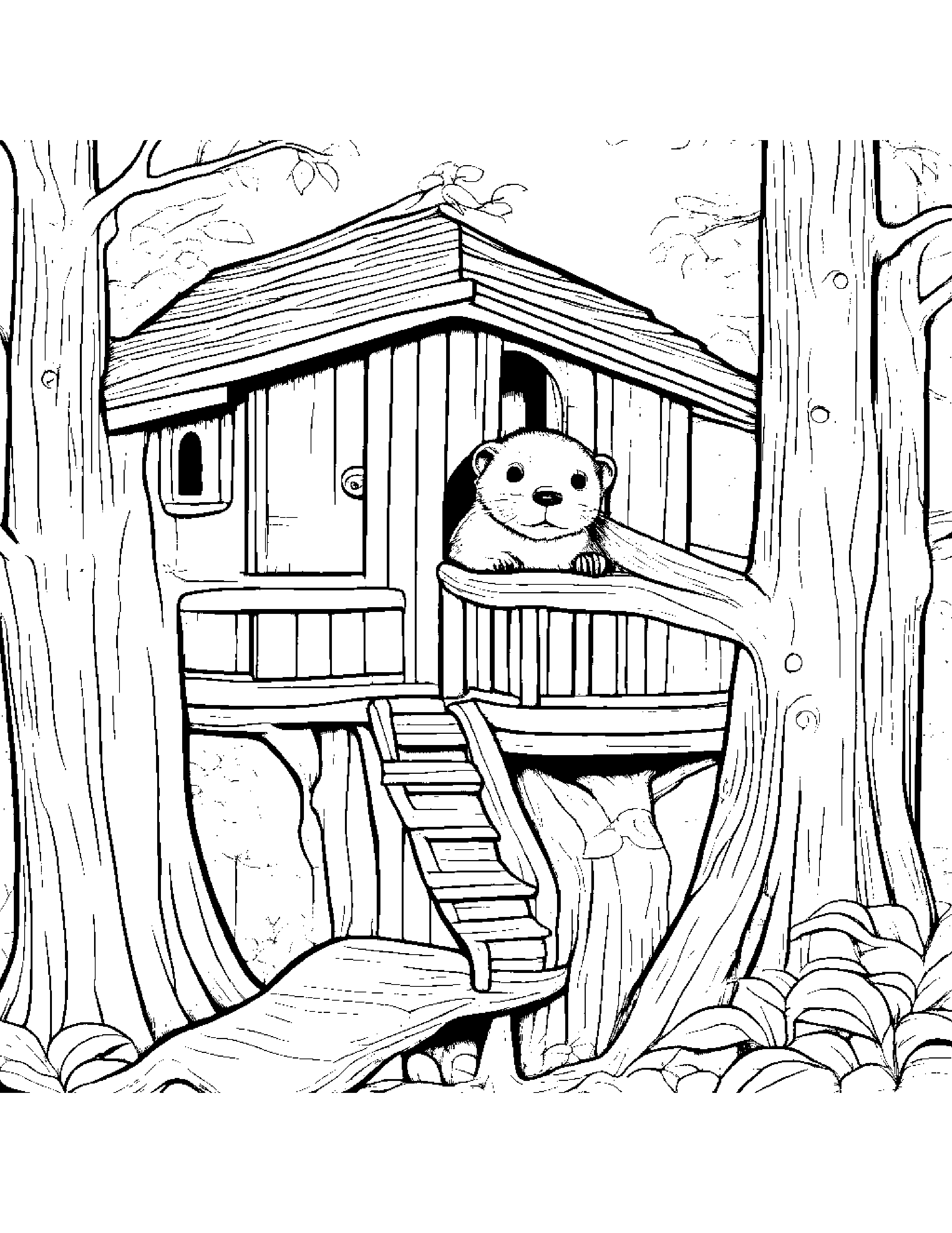 Brave Otter Playing Hide-And-Seek In A Treehouse #2 Coloring Page (Free Printable PDF)