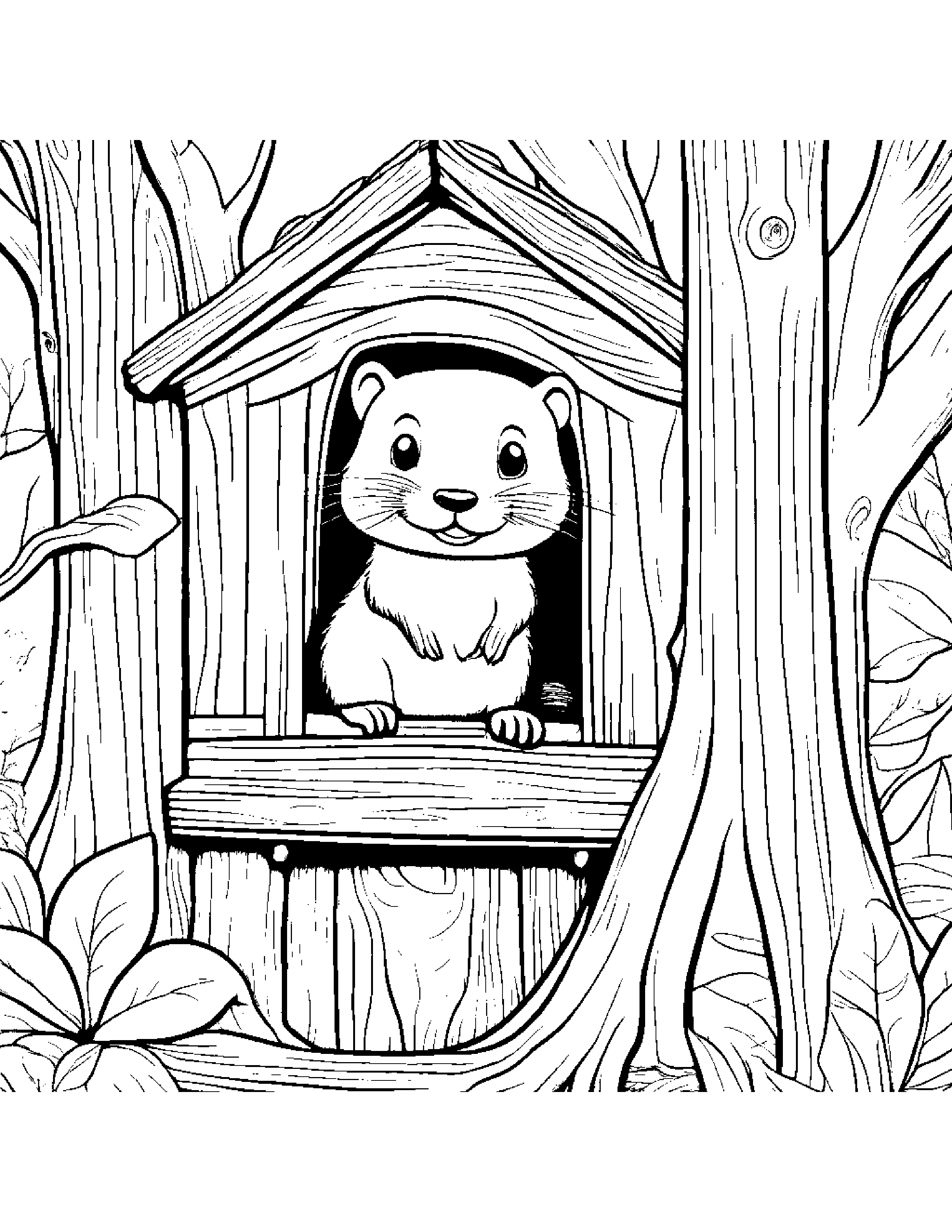 Brave Otter Playing Hide-And-Seek In A Treehouse Coloring Page (Free Printable PDF)