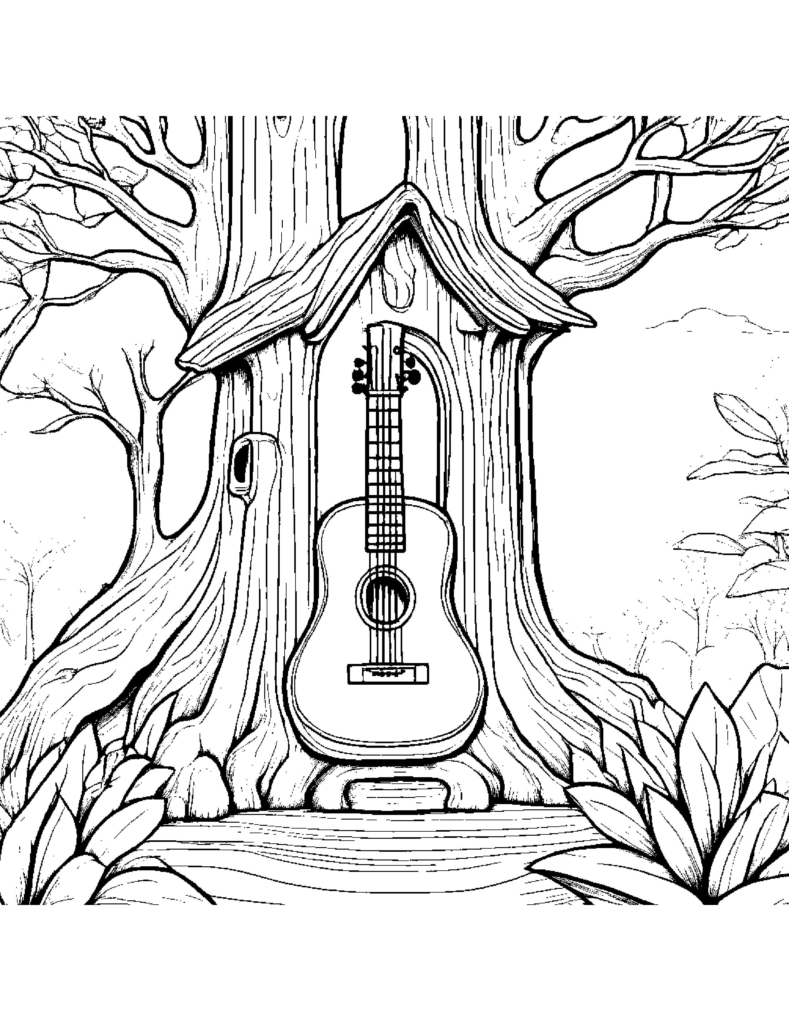 Bright Ukulele In A Treehouse #2 Coloring Page (Free Printable PDF)