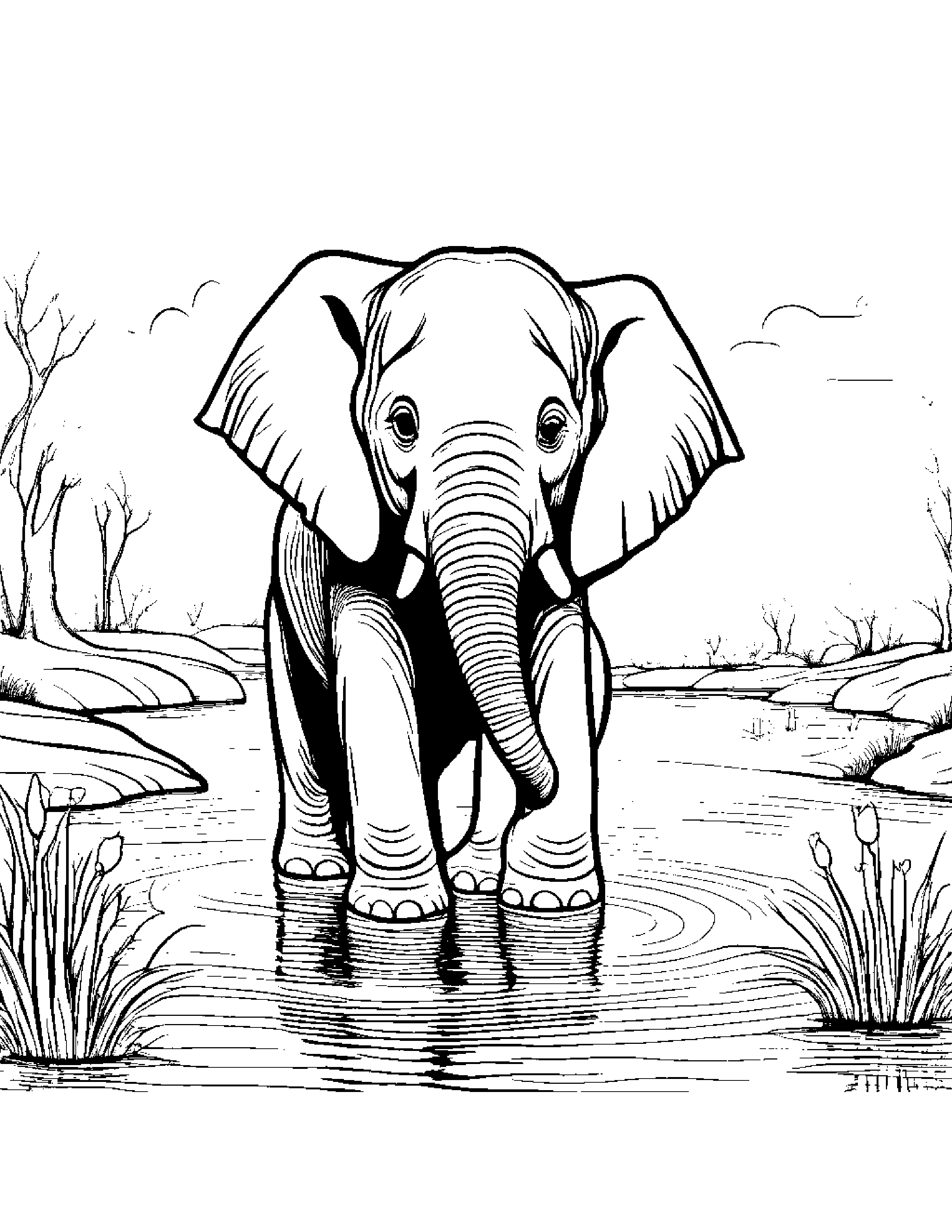 Bubbly Elephant Calf Near A Gentle Stream #2 Coloring Page (Free Printable PDF)