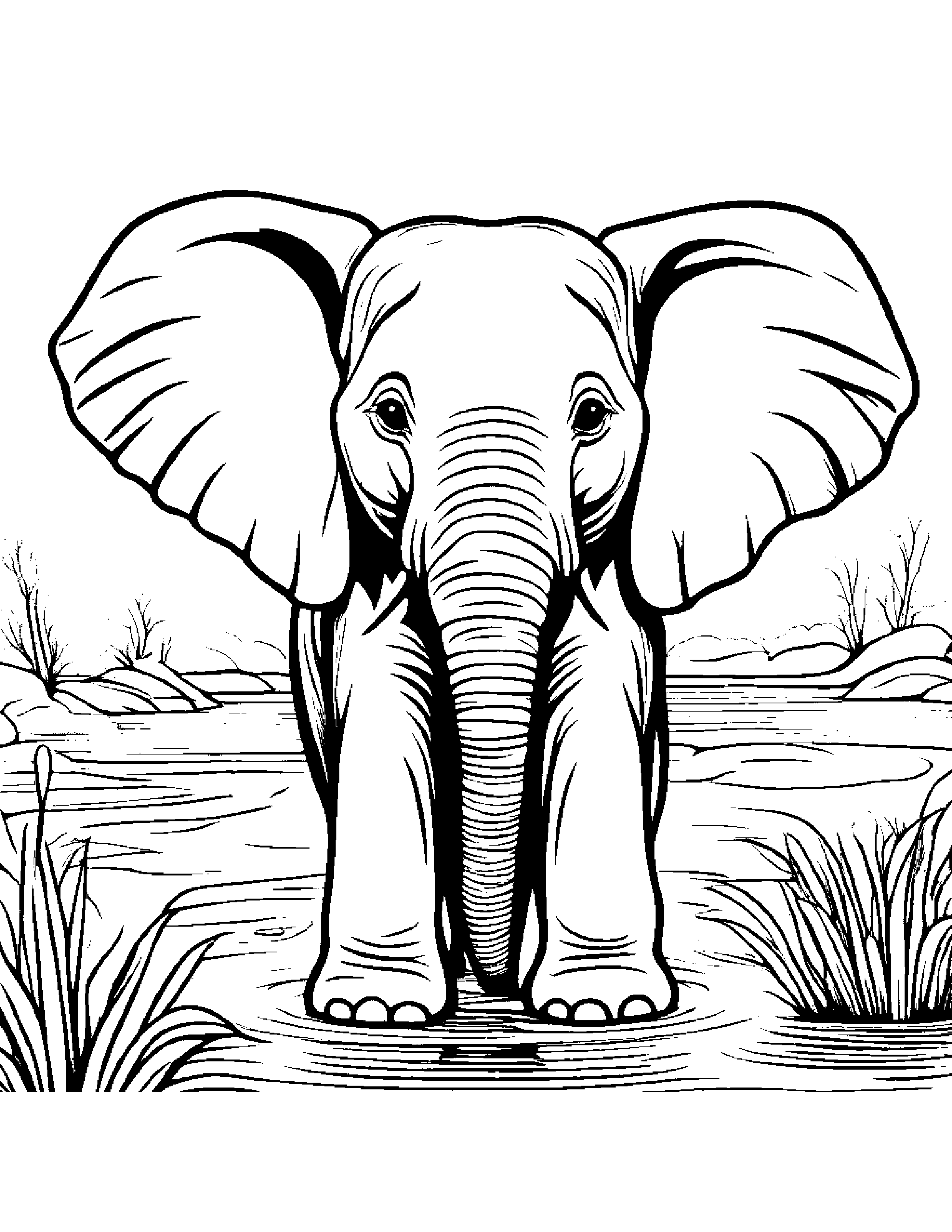Bubbly Elephant Calf Near A Gentle Stream #3 Coloring Page (Free Printable PDF)
