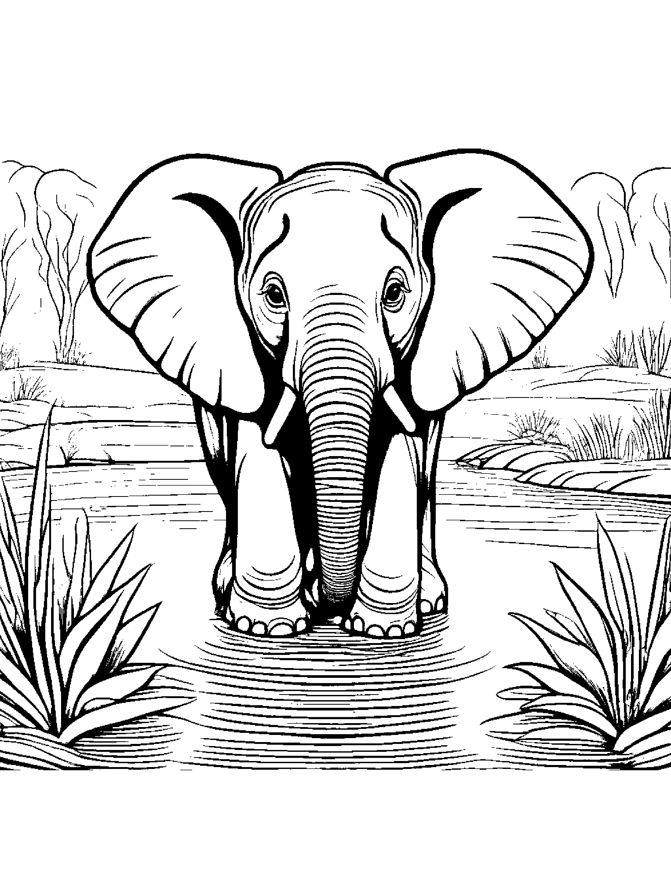 Bubbly Elephant Calf Near A Gentle Stream Coloring Page (Free Printable PDF)