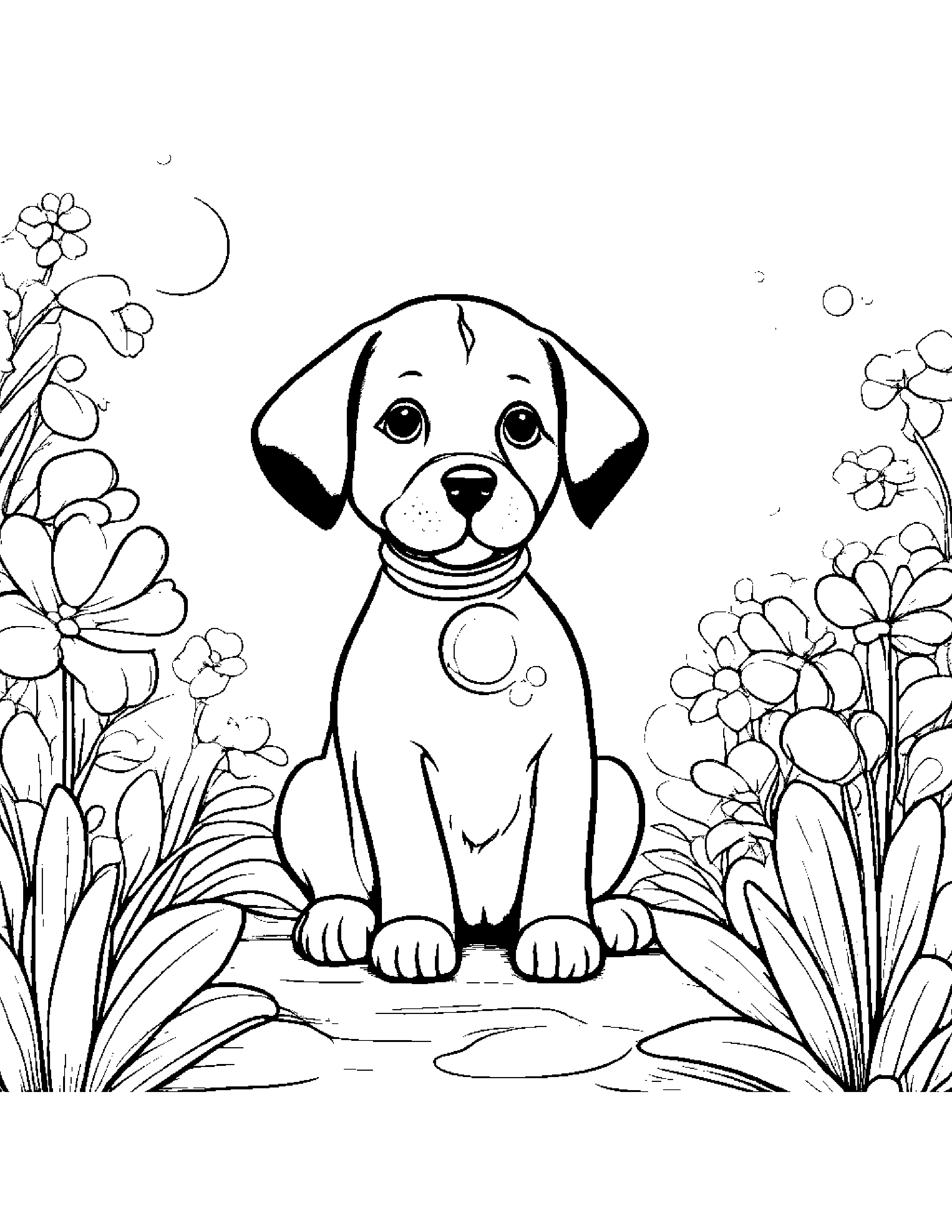 Bubbly Puppy Blowing Bubbles In A Cozy Garden #2 Coloring Page (Free Printable PDF)