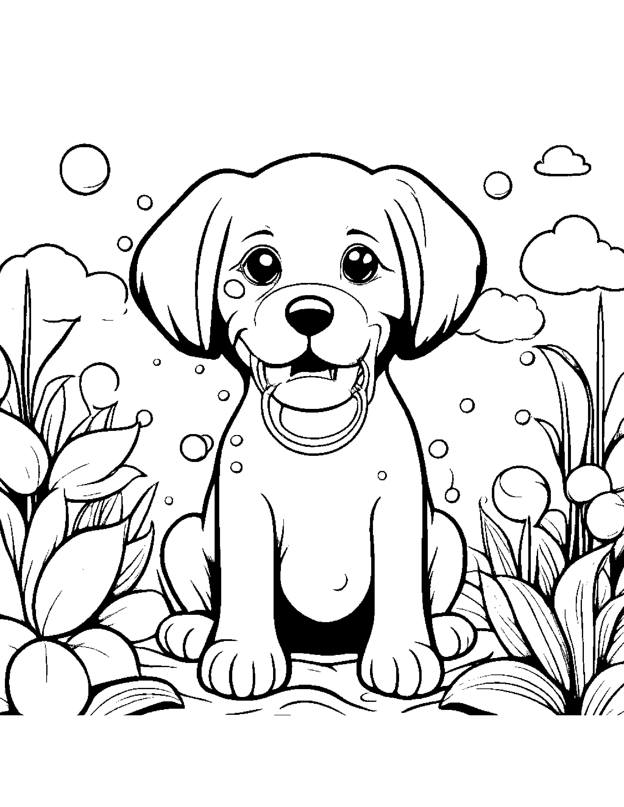 Bubbly Puppy Blowing Bubbles In A Cozy Garden #3 Coloring Page (Free Printable PDF)