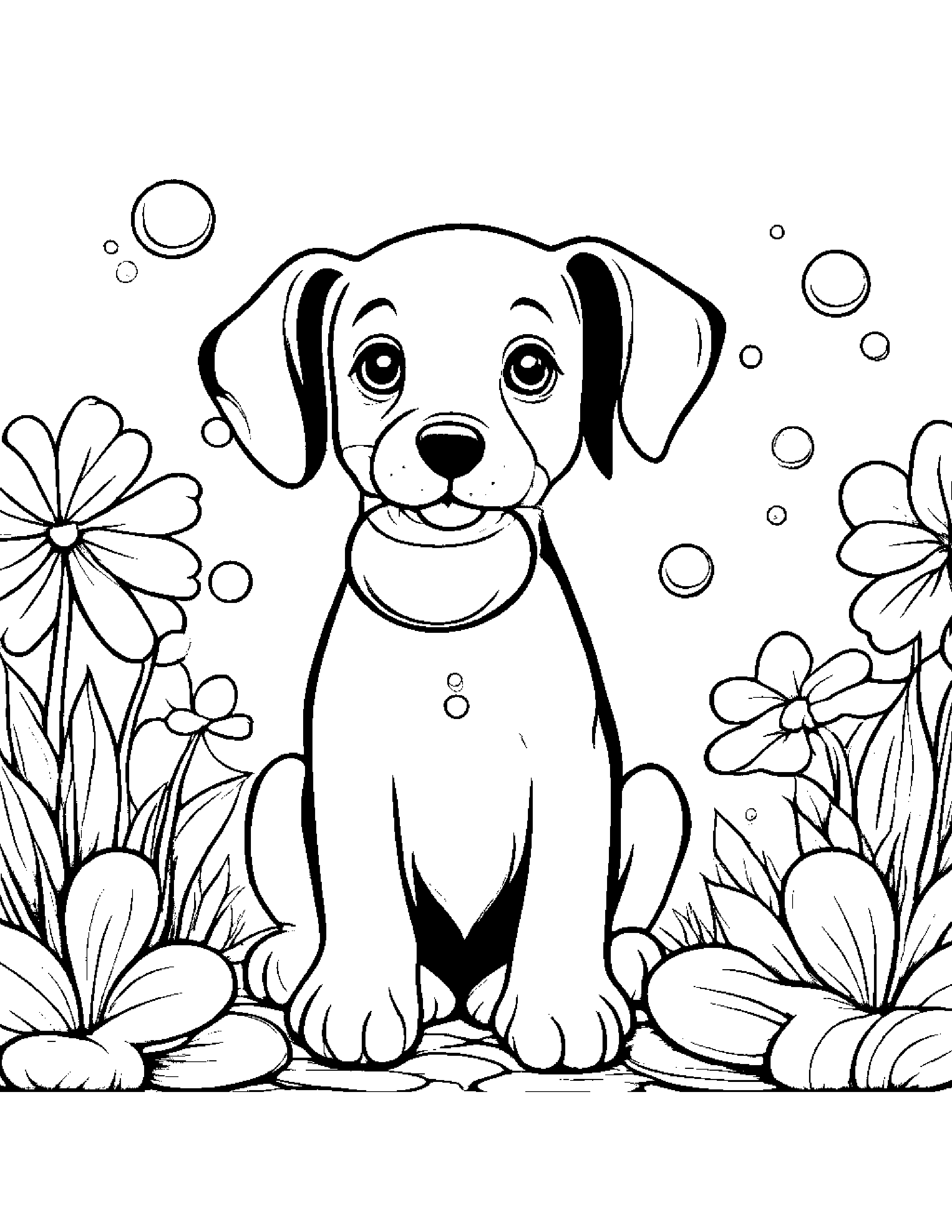 Bubbly Puppy Blowing Bubbles In A Cozy Garden Coloring Page (Free Printable PDF)