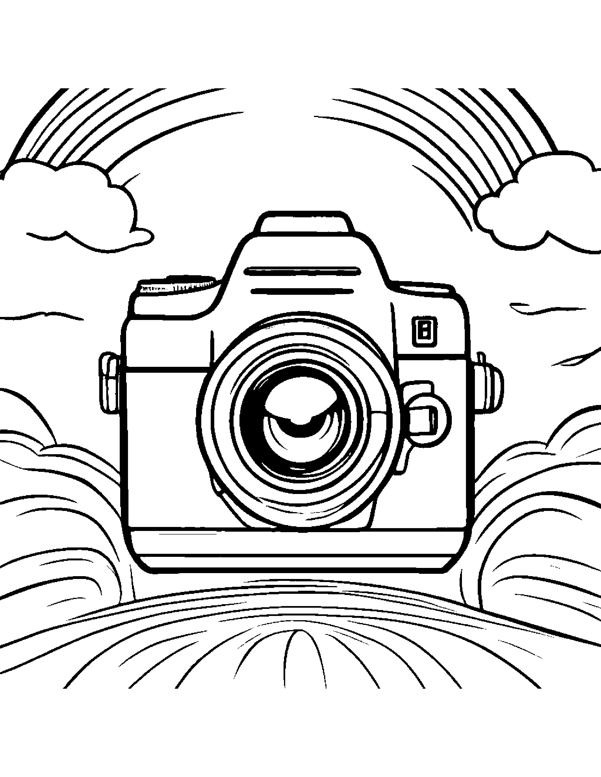 Camera Toy Smiling Under A Rainbow Coloring Page (Free Printable PDF)