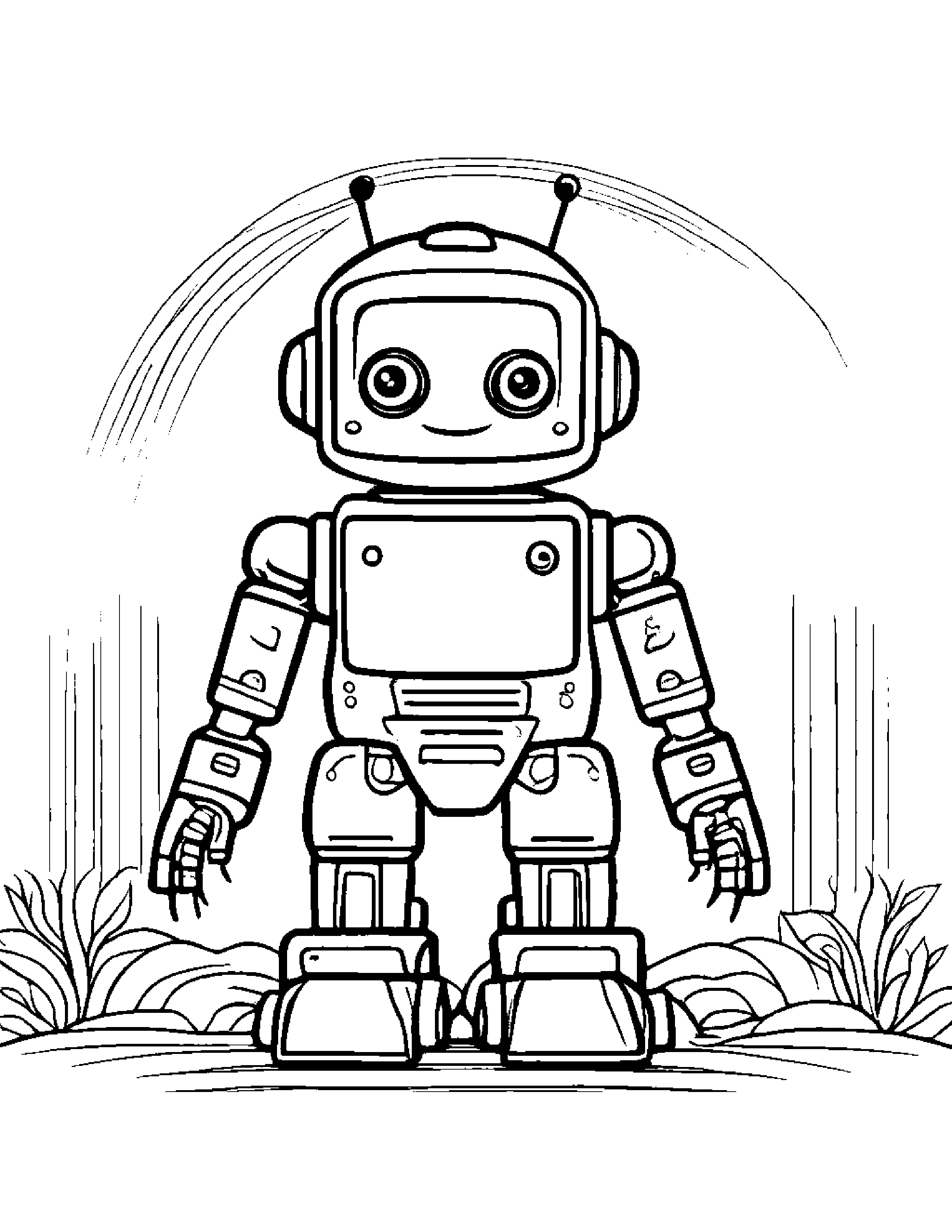 Cheerful Robot Buddy Under A Rainbow #2 Coloring Page (Free Printable PDF)