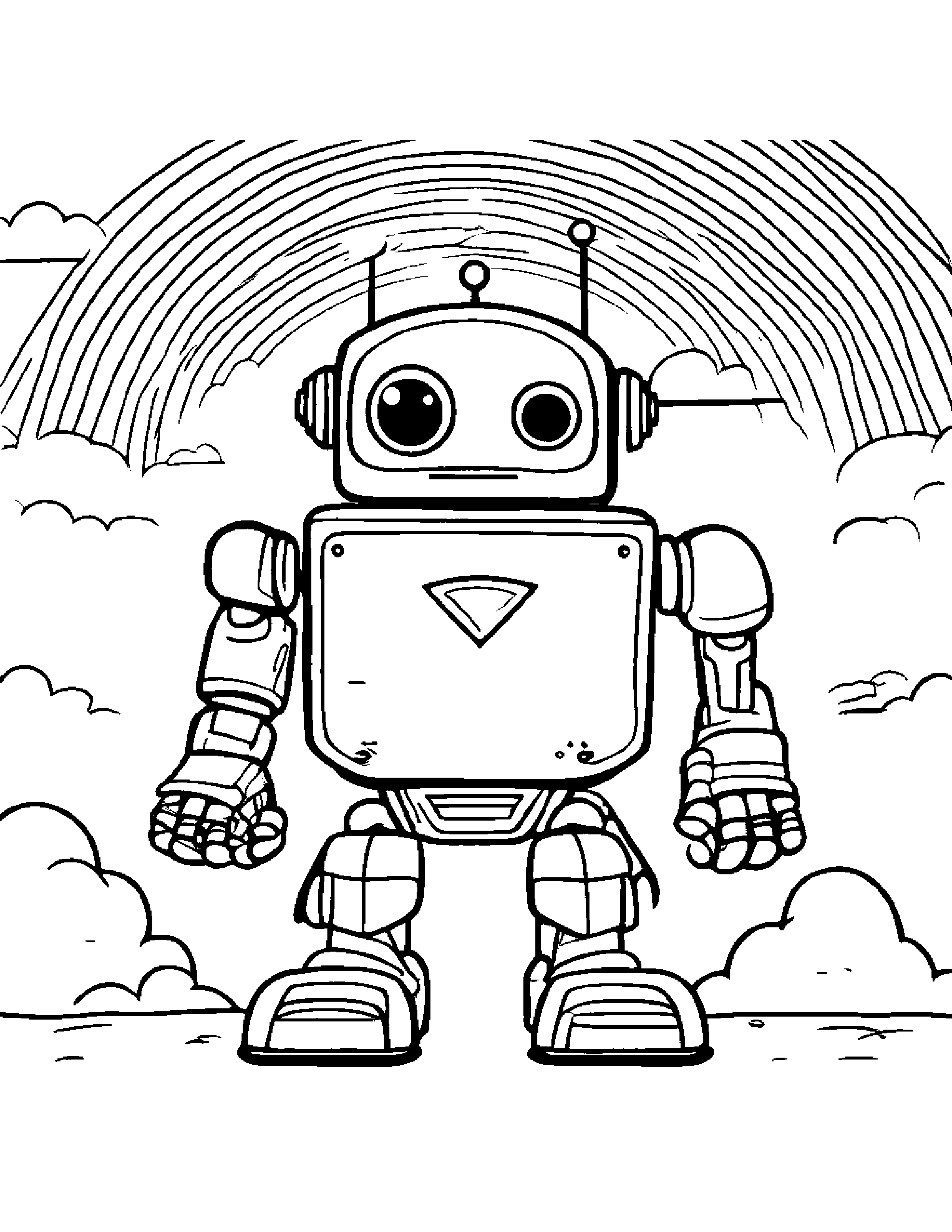 Cheerful Robot Buddy Under A Rainbow #3 Coloring Page (Free Printable PDF)