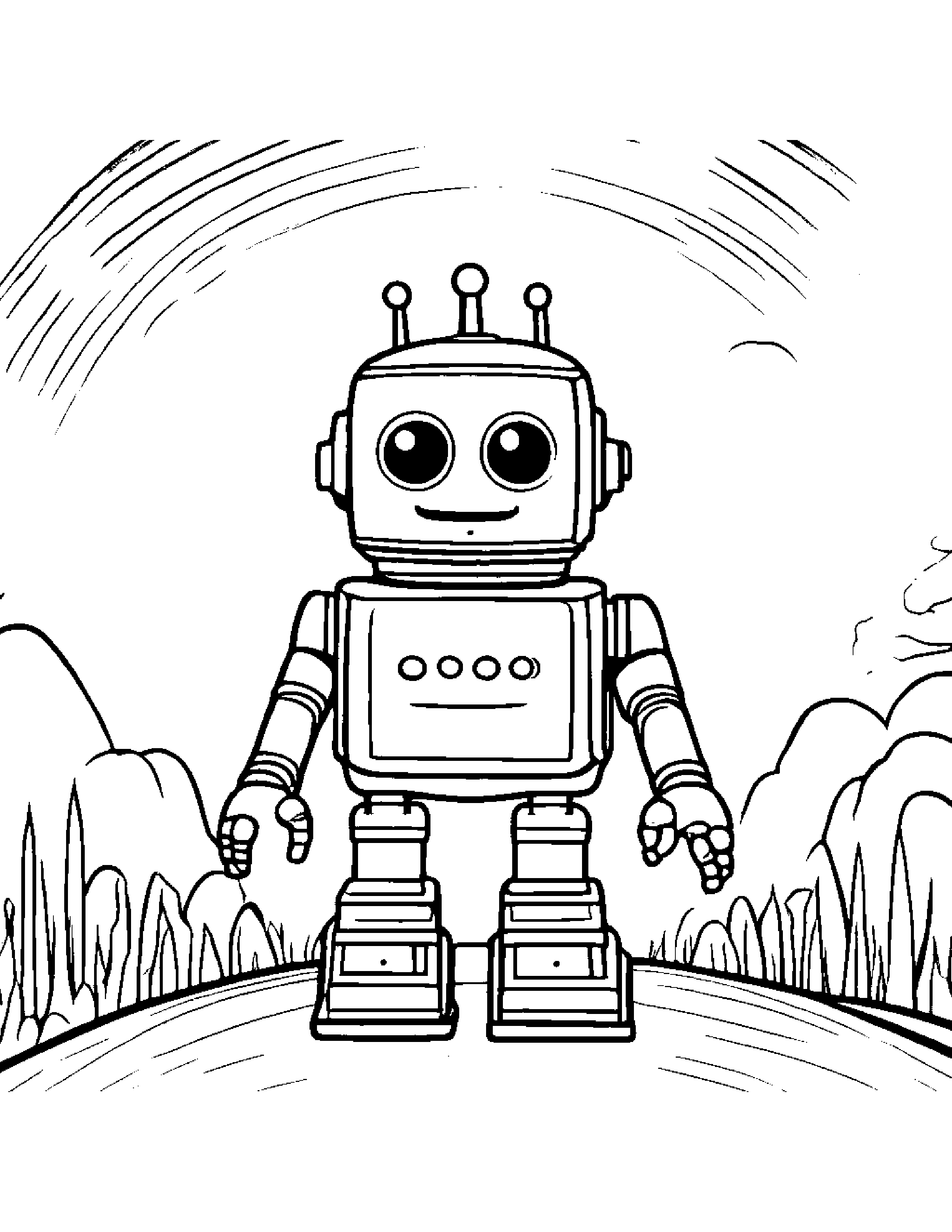 Cheerful Robot Buddy Under A Rainbow Coloring Page (Free Printable PDF)