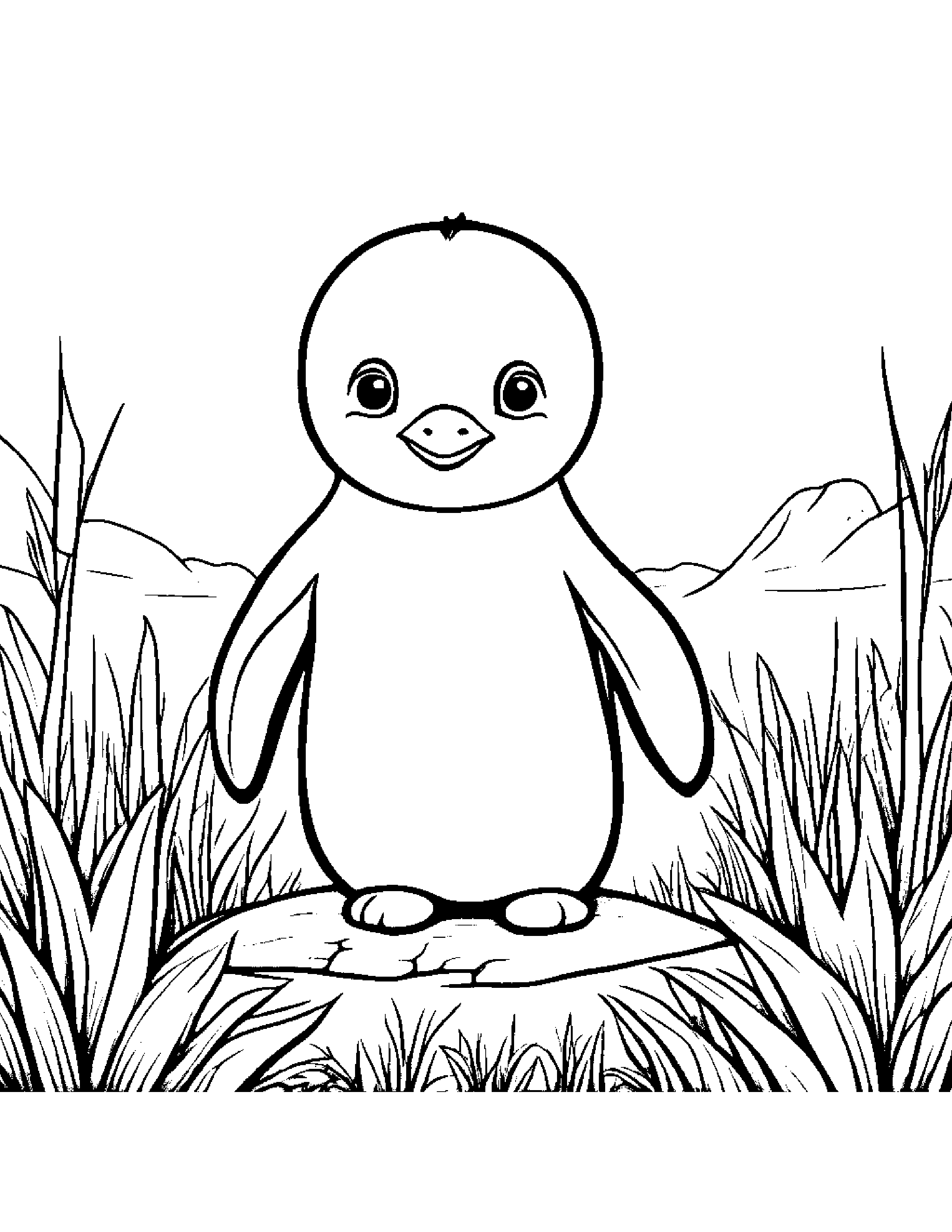 Cuddly Penguin Chick Smiling In A Sunny Meadow Coloring Page (Free Printable PDF)