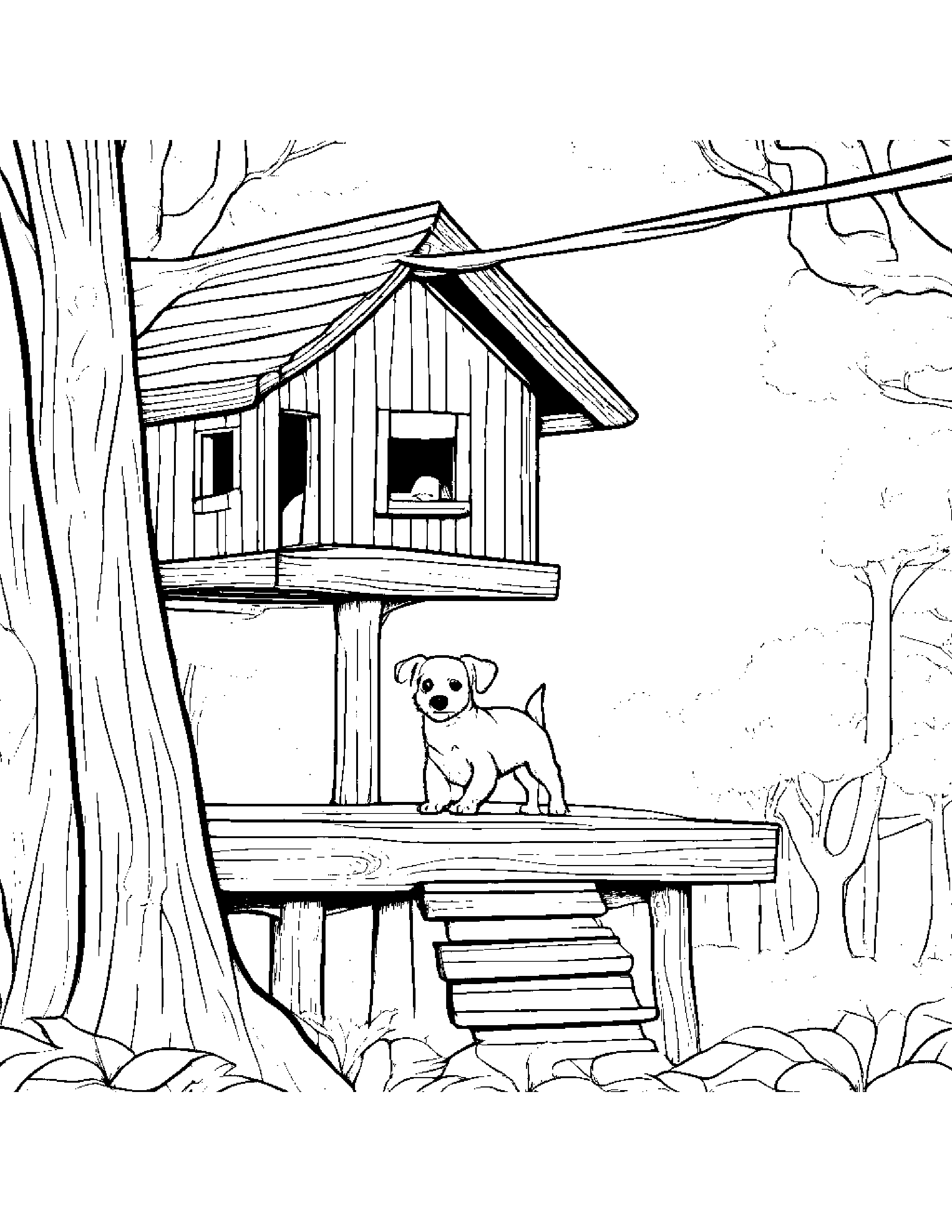 Curious Puppy Dog Balancing On A Line In A Treehouse #2 Coloring Page (Free Printable PDF)