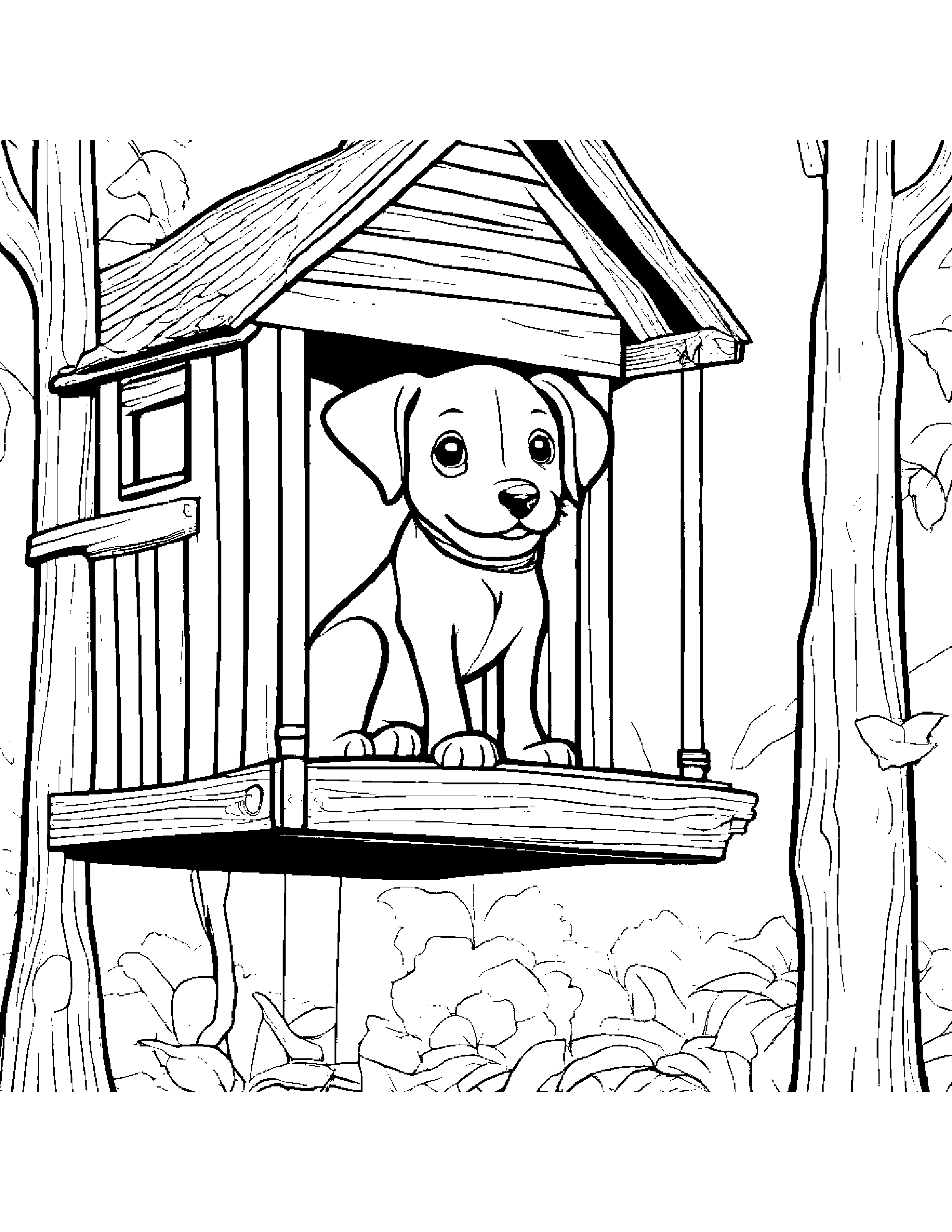 Curious Puppy Dog Balancing On A Line In A Treehouse Coloring Page (Free Printable PDF)