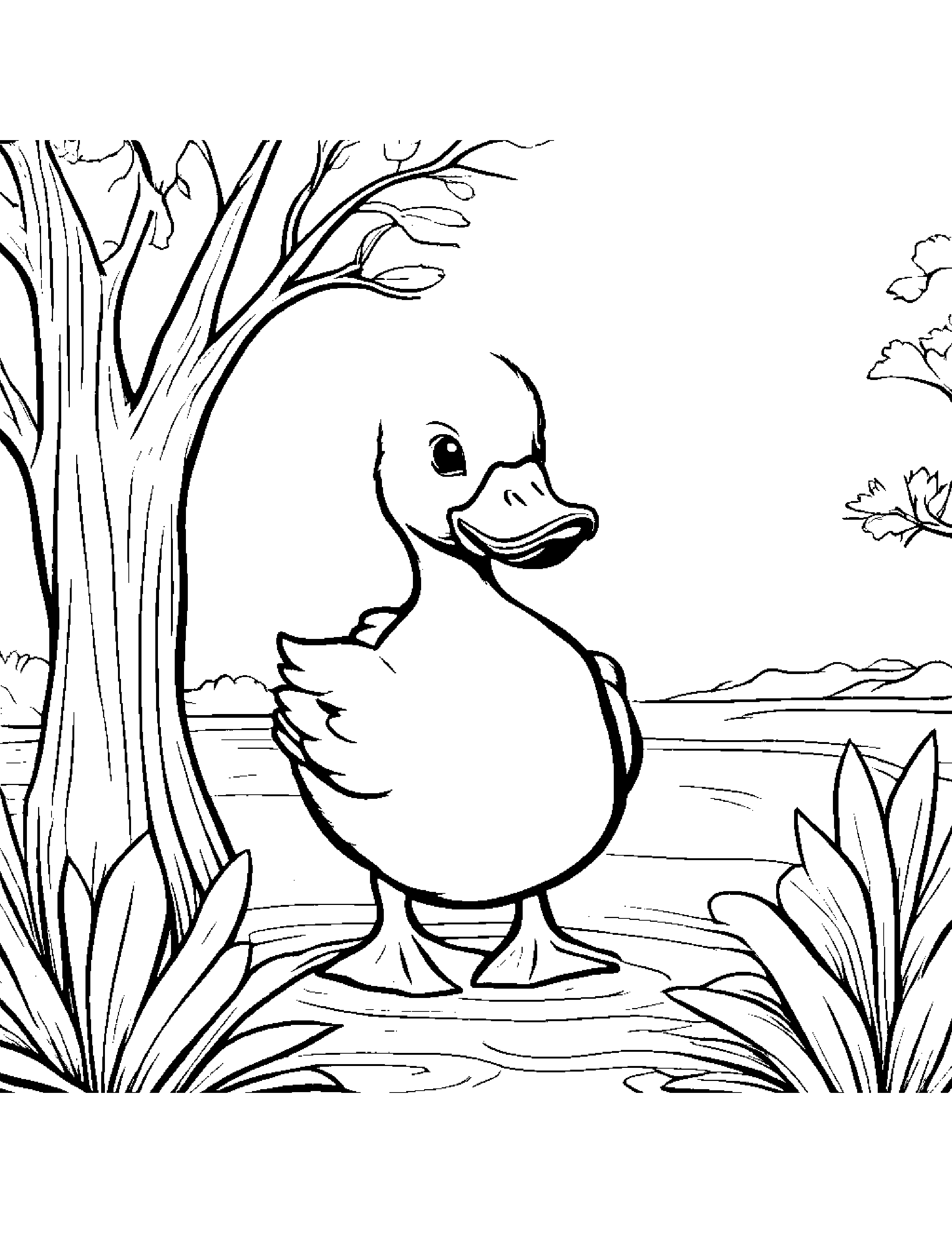 Duckling Waving By A Little Tree #3 Coloring Page (Free Printable PDF)