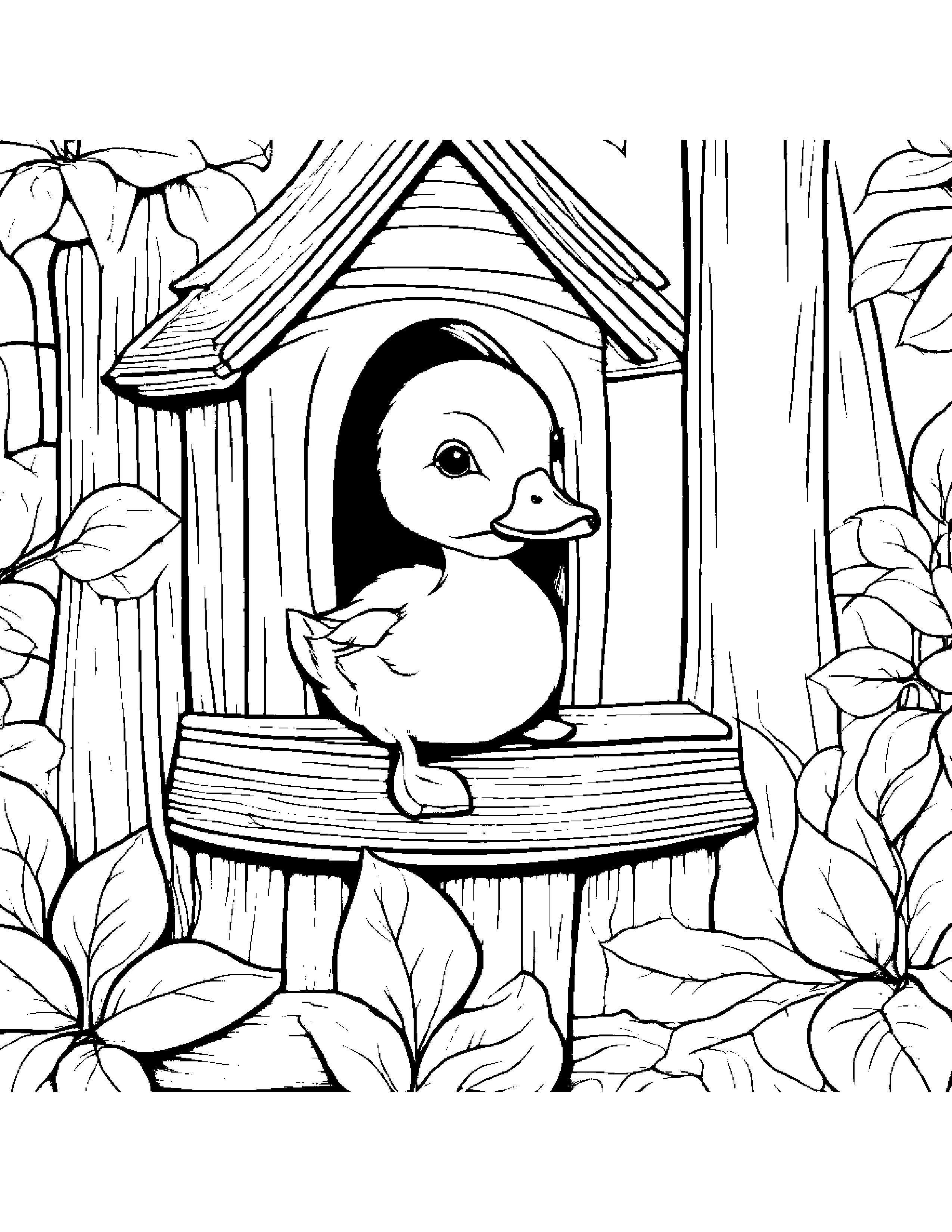 Duckling With A Leaf Sprig In A Treehouse #2 Coloring Page (Free Printable PDF)