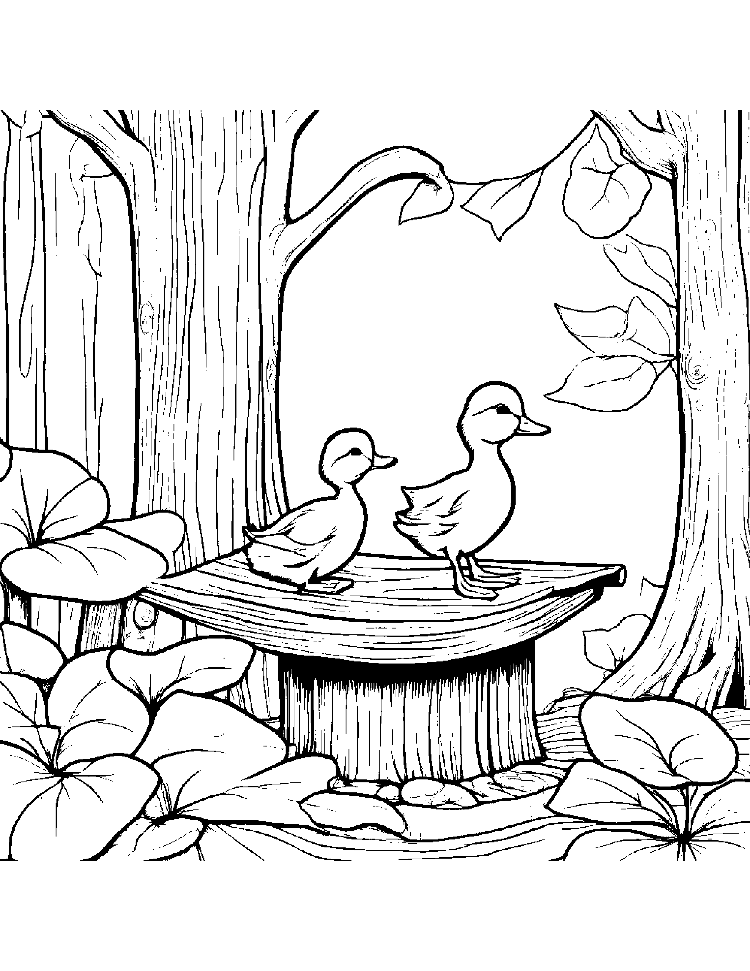 Duckling With A Leaf Sprig In A Treehouse #3 Coloring Page (Free Printable PDF)