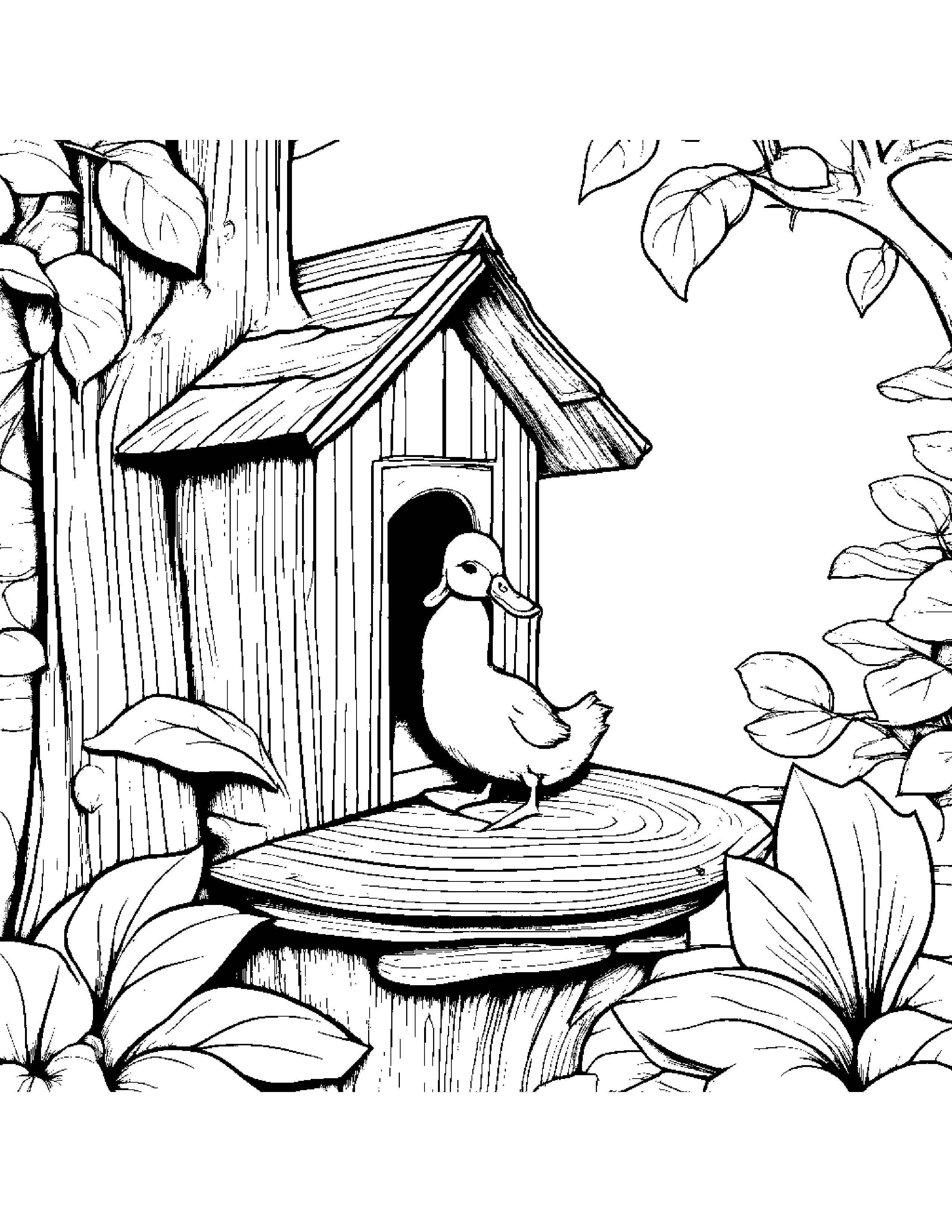 Duckling With A Leaf Sprig In A Treehouse Coloring Page (Free Printable PDF)
