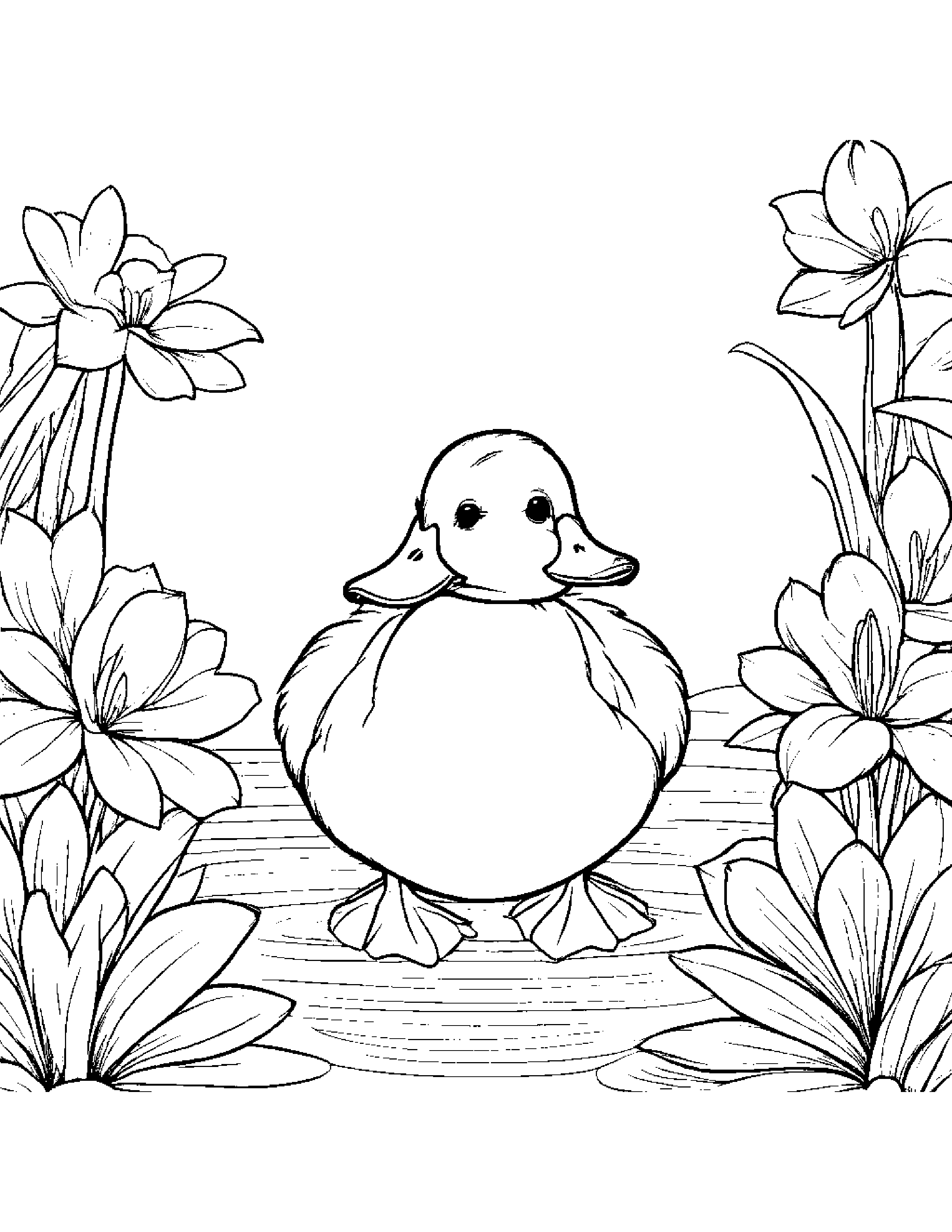 Duckling With A Soft Scarf In A Cozy Garden #2 Coloring Page (Free Printable PDF)