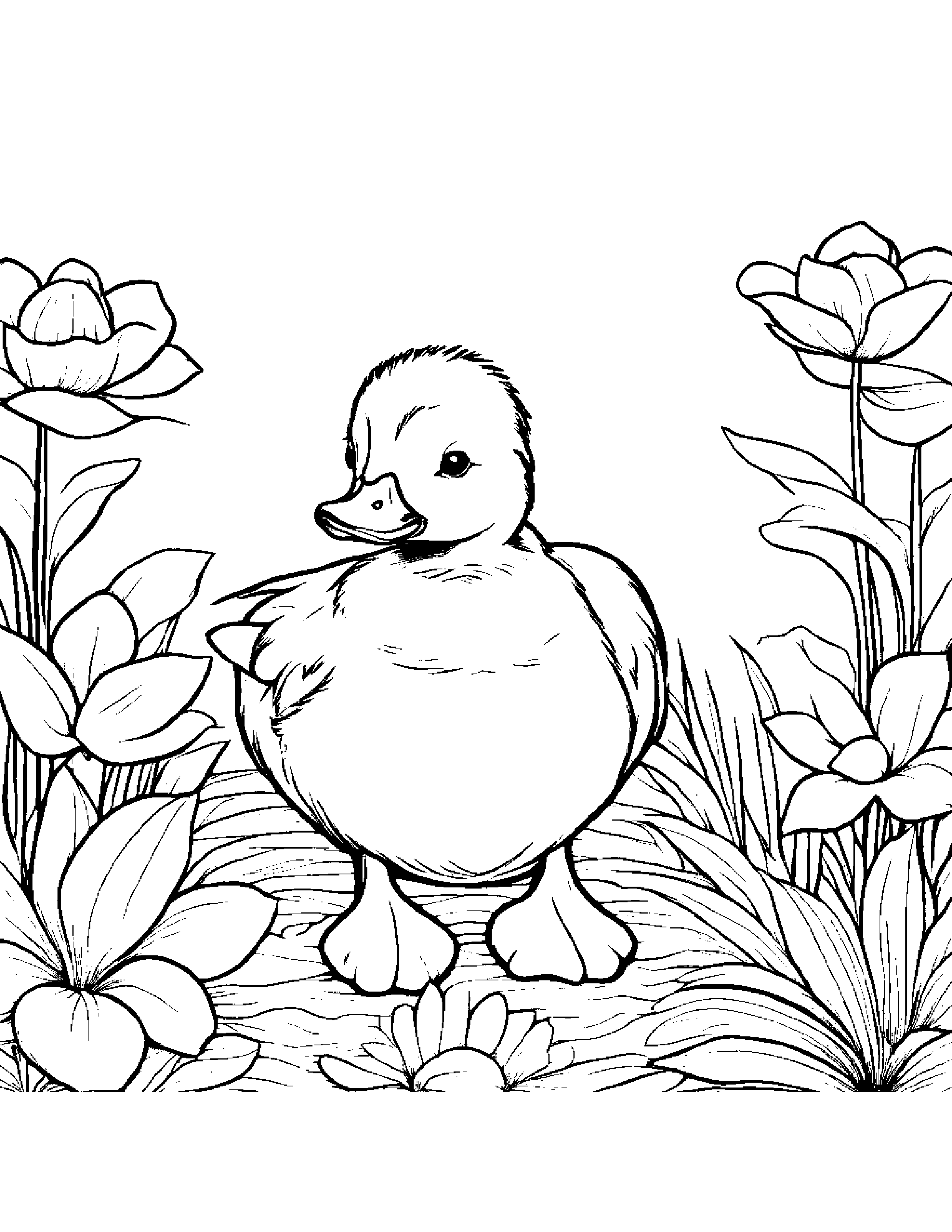 Duckling With A Soft Scarf In A Cozy Garden #3 Coloring Page (Free Printable PDF)