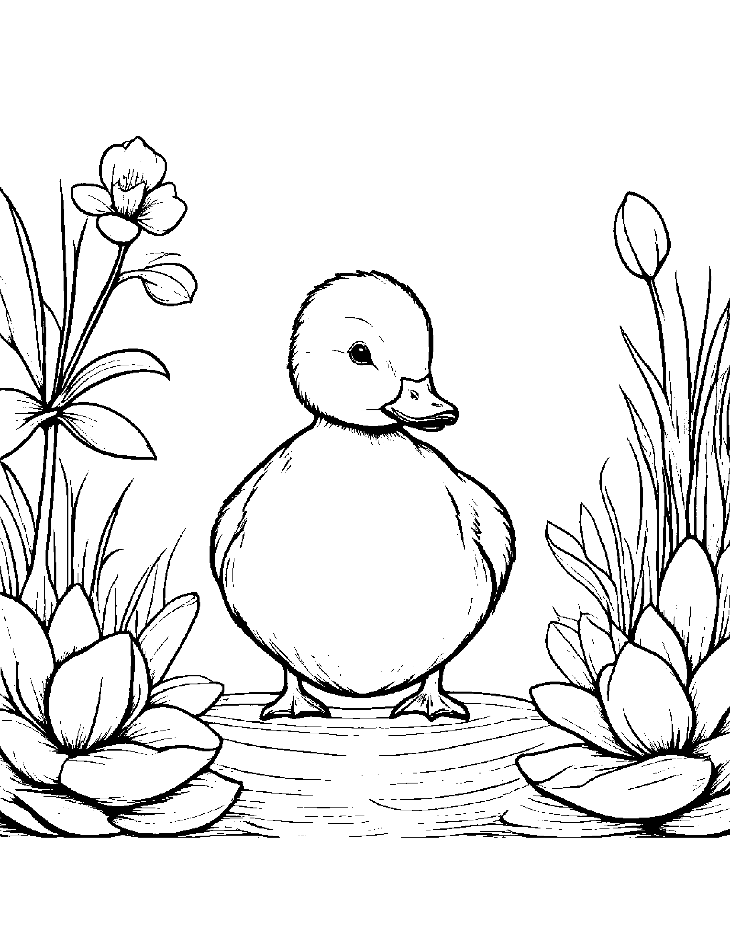 Duckling With A Soft Scarf In A Cozy Garden Coloring Page (Free Printable PDF)