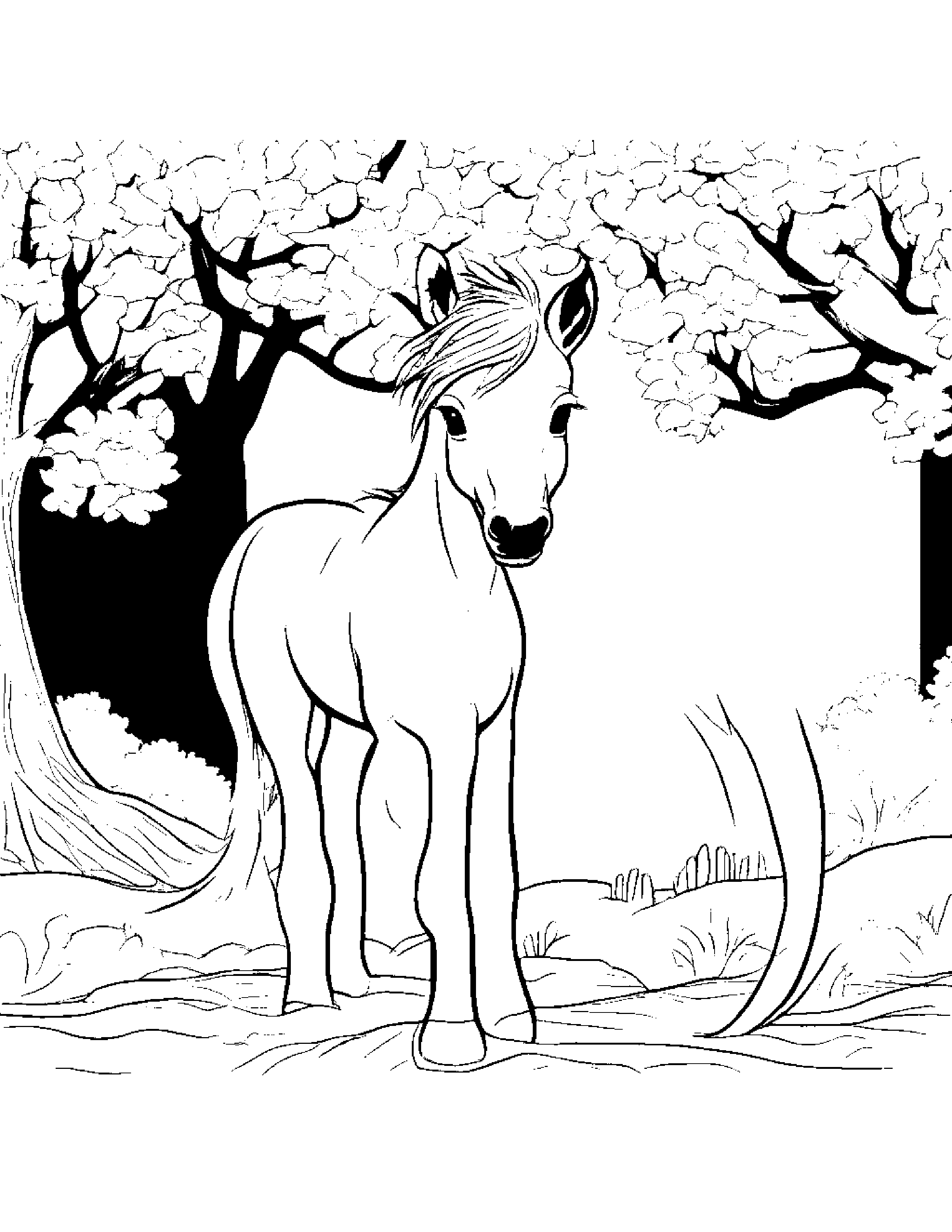 Foal With A Ribbon By A Little Tree #4 Coloring Page (Free Printable PDF)