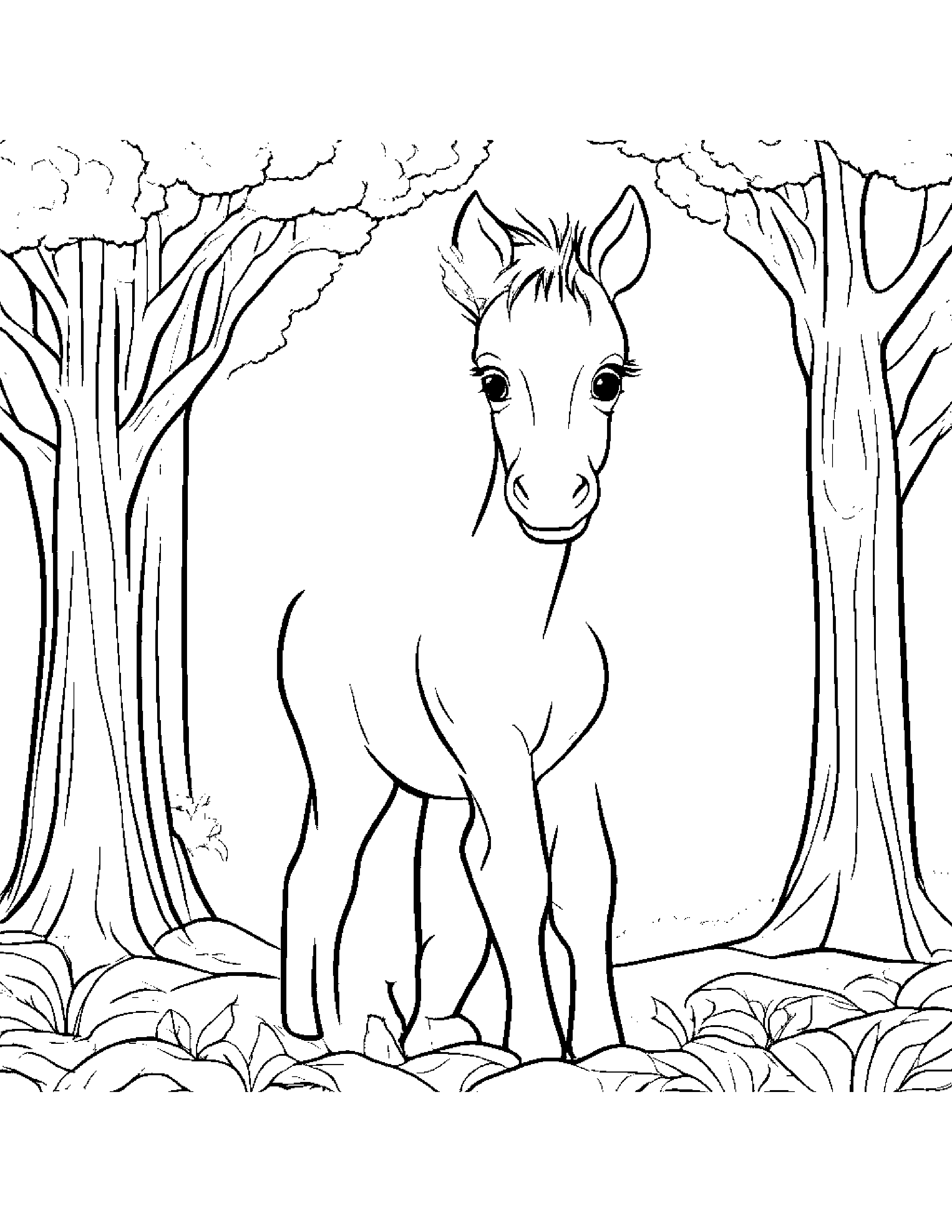 Foal With A Ribbon By A Little Tree Coloring Page (Free Printable PDF)