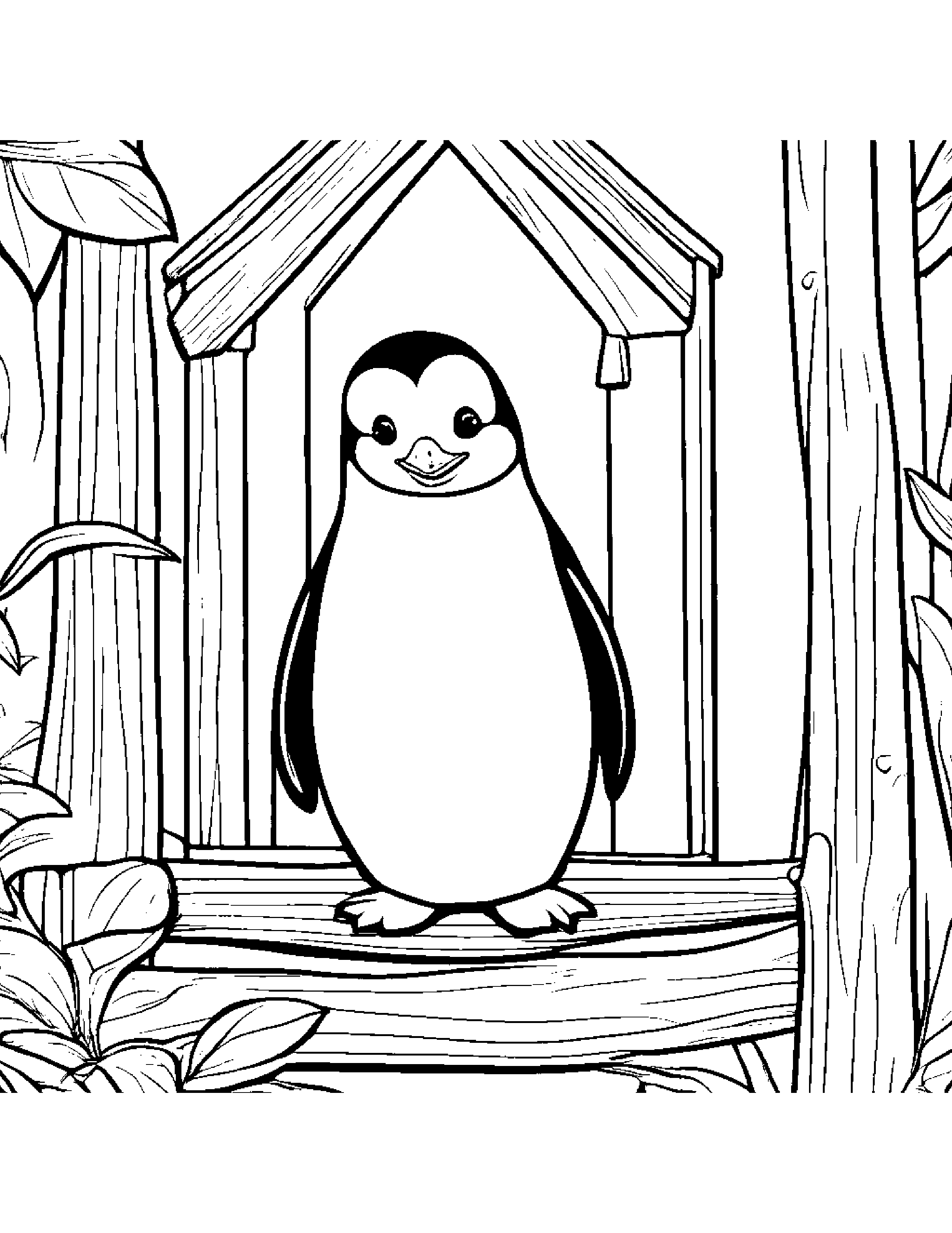 Friendly Penguin Chick Smiling In A Treehouse #2 Coloring Page (Free Printable PDF)