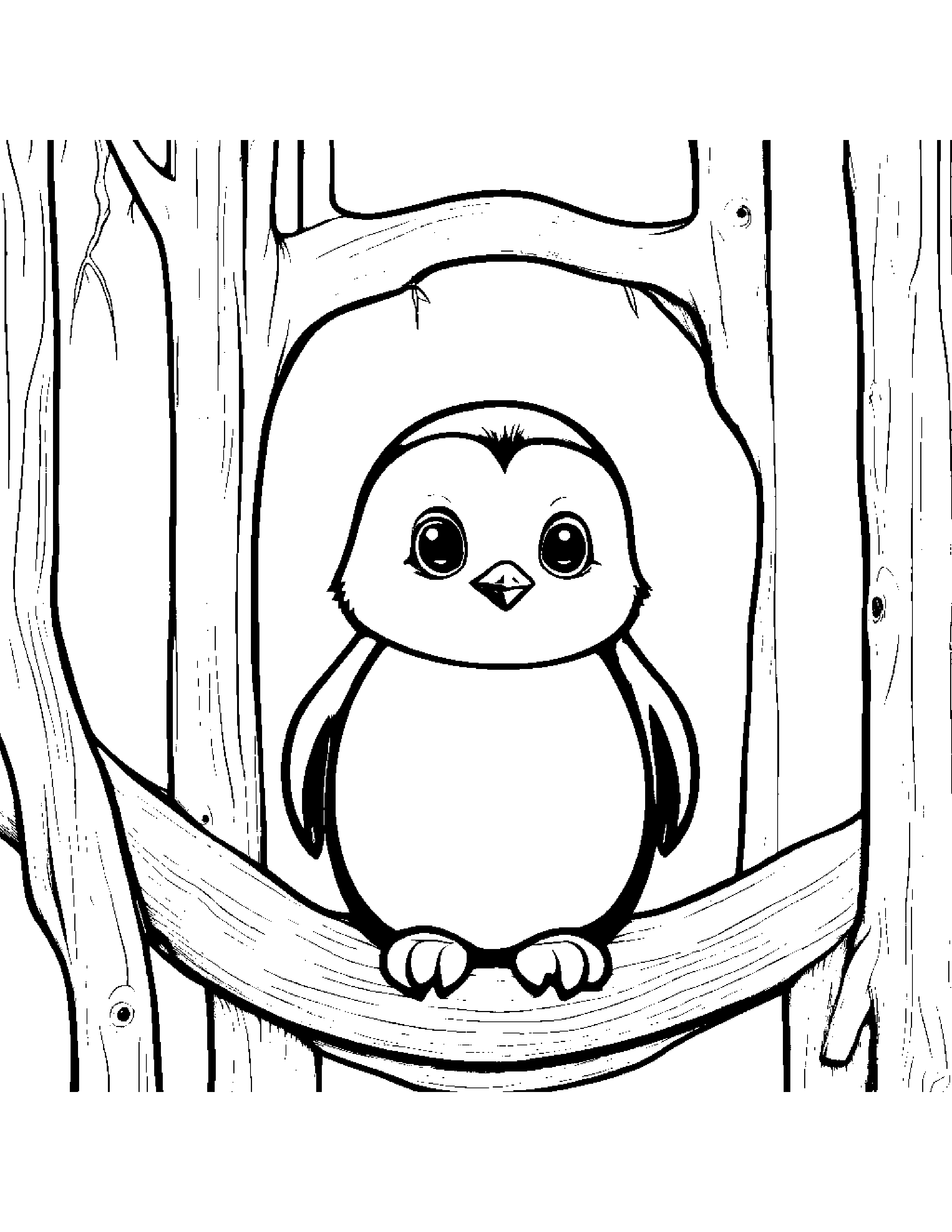 Friendly Penguin Chick Smiling In A Treehouse #3 Coloring Page (Free Printable PDF)