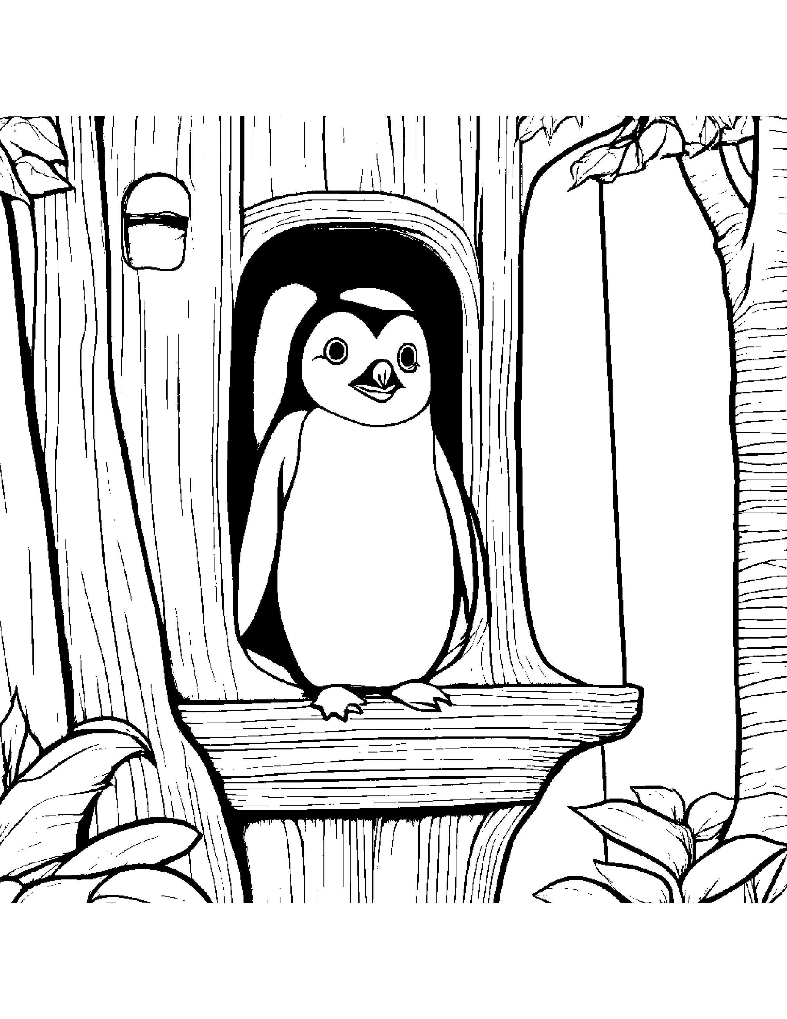 Friendly Penguin Chick Smiling In A Treehouse Coloring Page (Free Printable PDF)