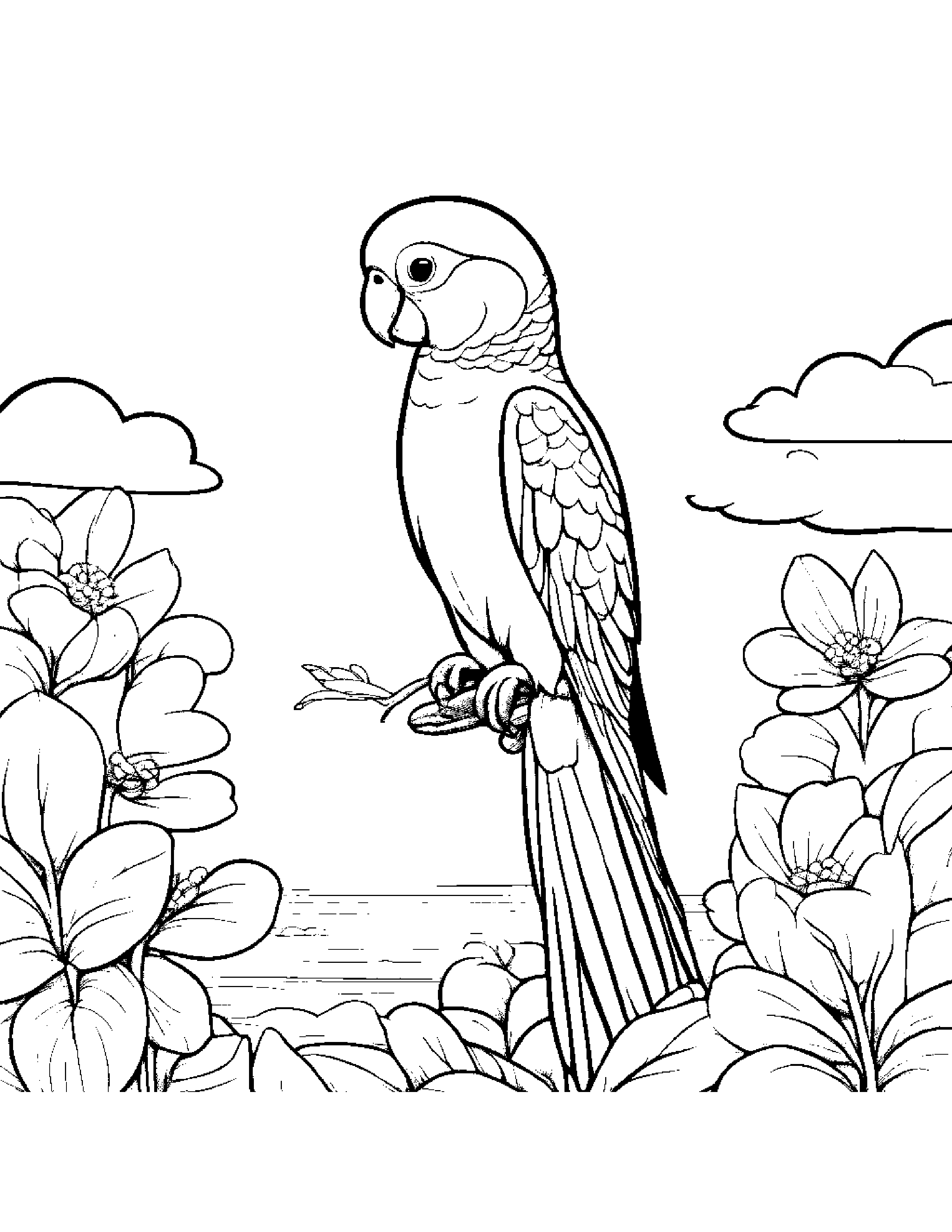 Gentle Parakeet Watering A Plant On A Fluffy Cloud #3 Coloring Page (Free Printable PDF)