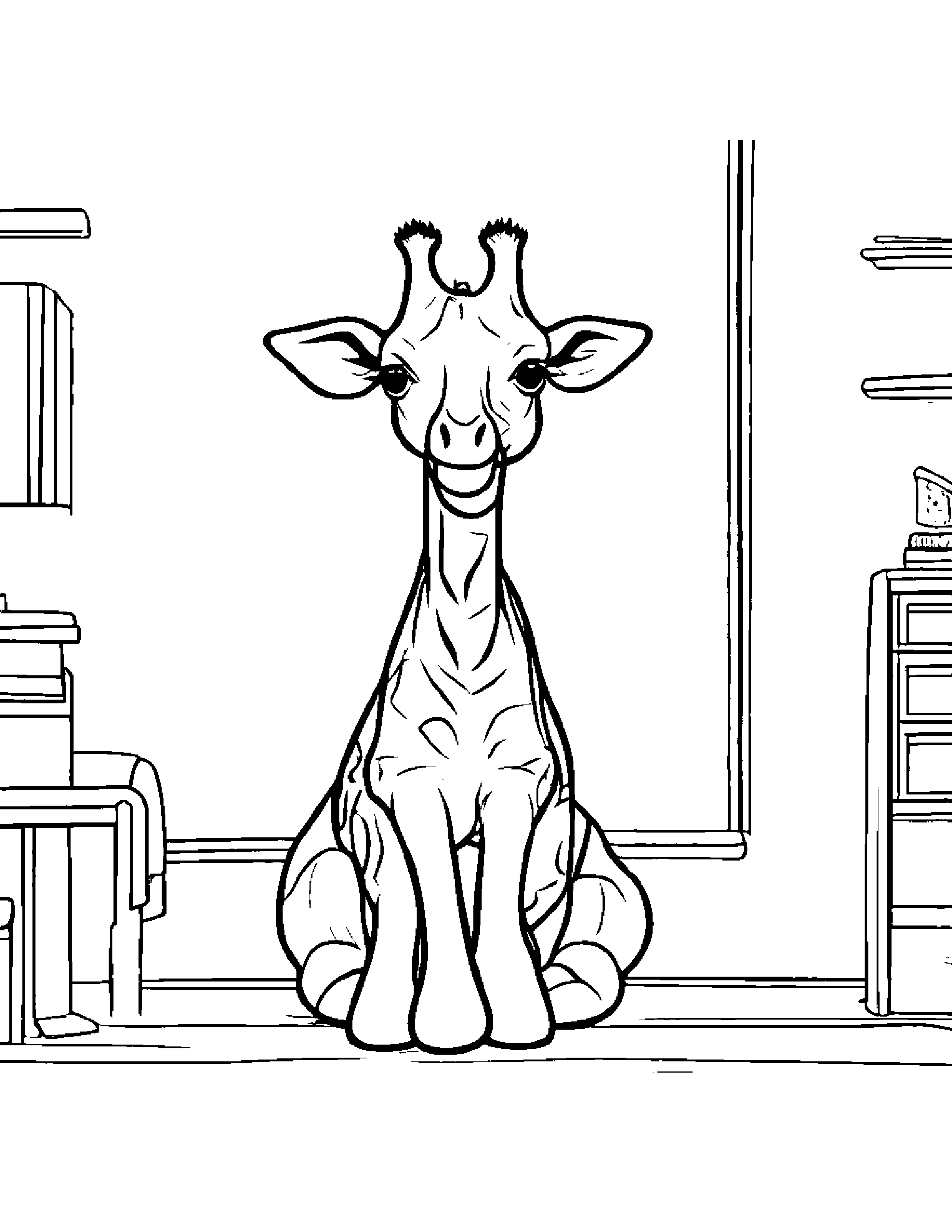 Giraffe Calf With A Sunny Sticker In A Classroom Corner #2 Coloring Page (Free Printable PDF)
