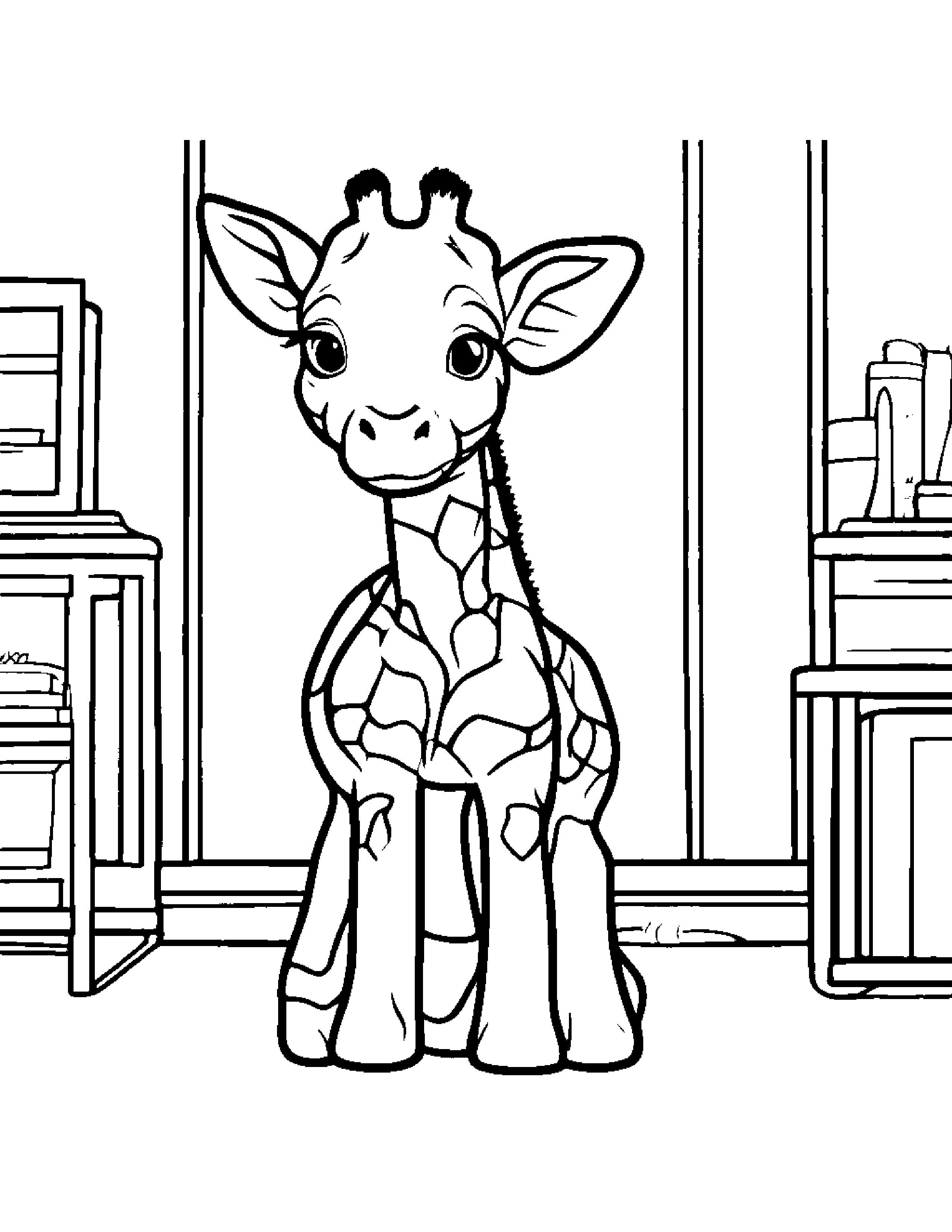 Giraffe Calf With A Sunny Sticker In A Classroom Corner Coloring Page (Free Printable PDF)