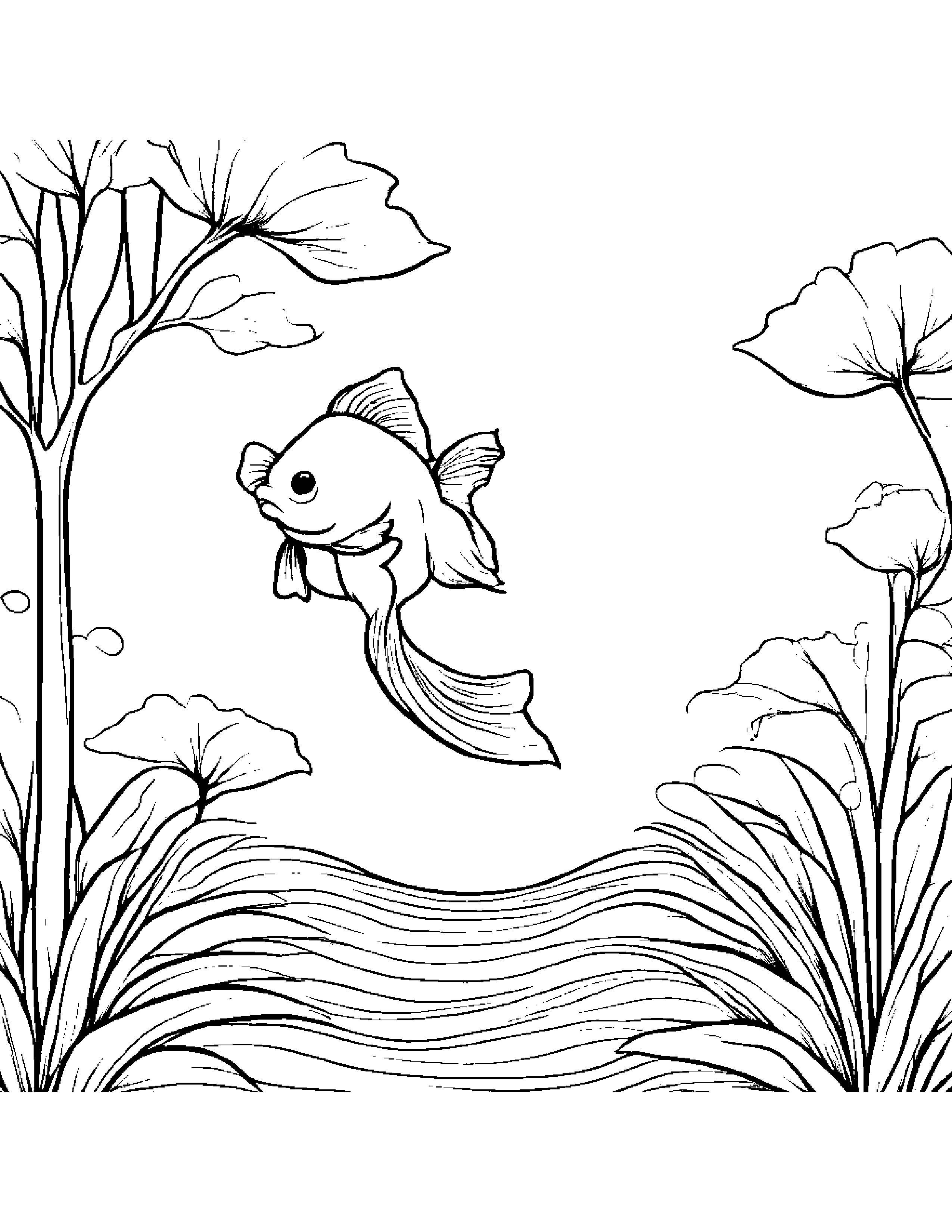 Goldfish Giving A High Five By A Little Tree #2 Coloring Page (Free Printable PDF)