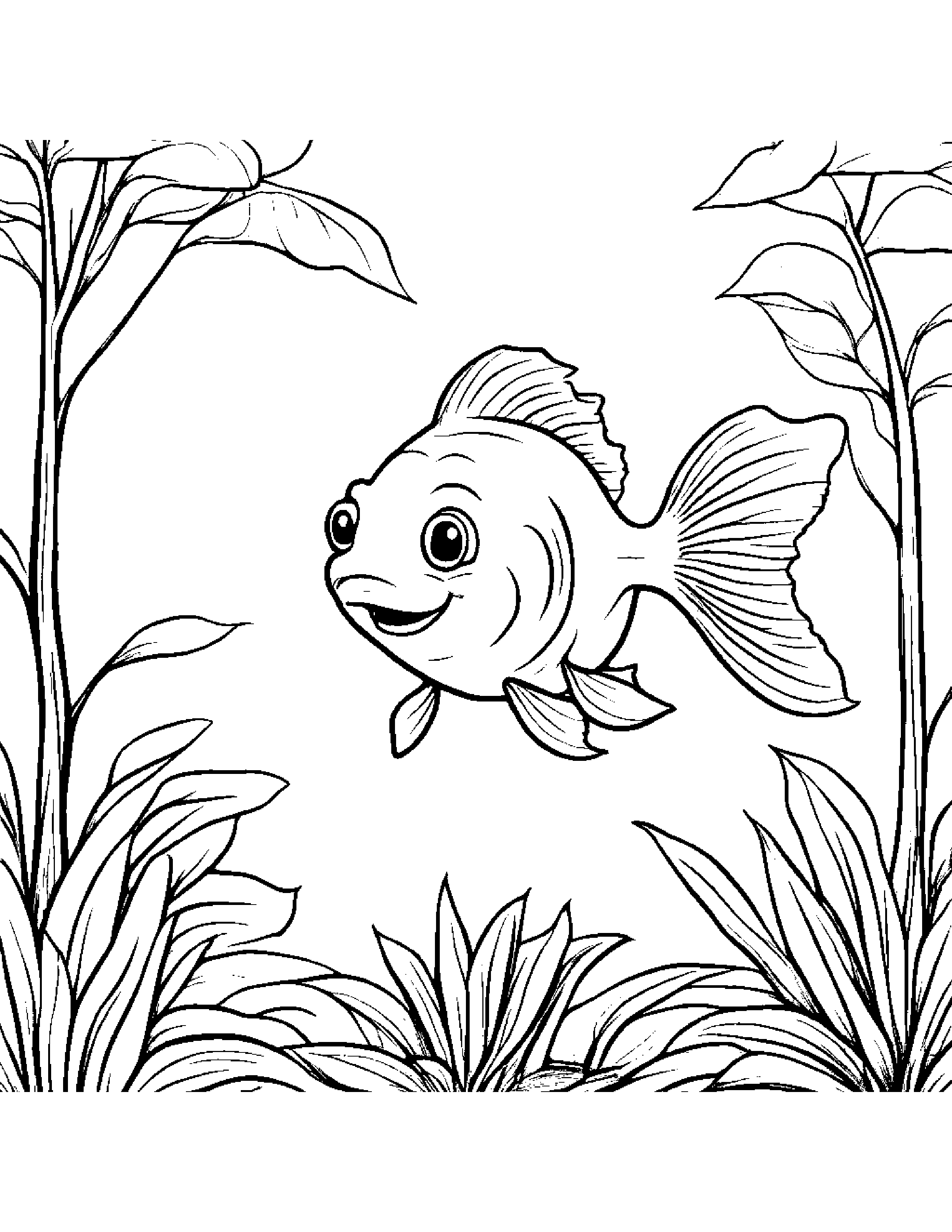 Goldfish Giving A High Five By A Little Tree #3 Coloring Page (Free Printable PDF)